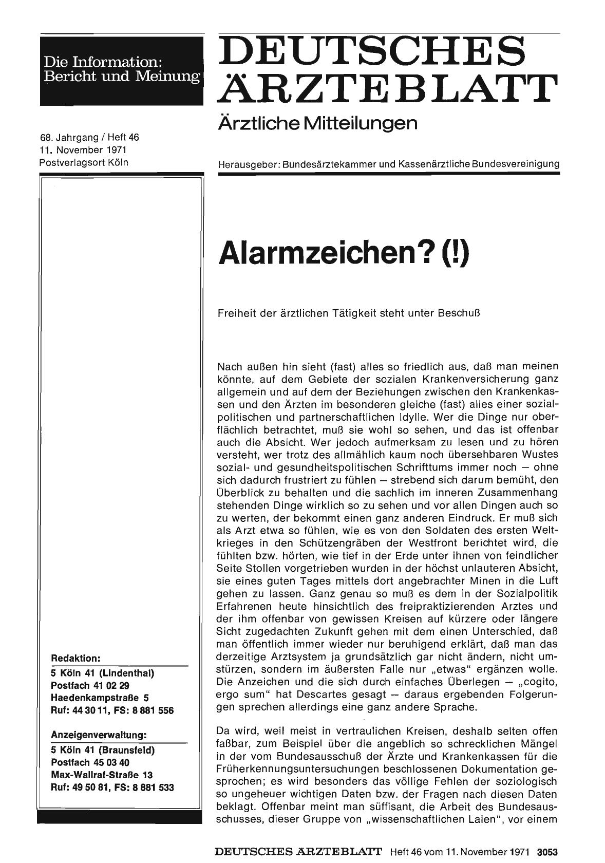Vorschauseite 1: Alarmzeichen? (! ): Freiheit der ärztlichen Tätigkeit steht unter Beschuß