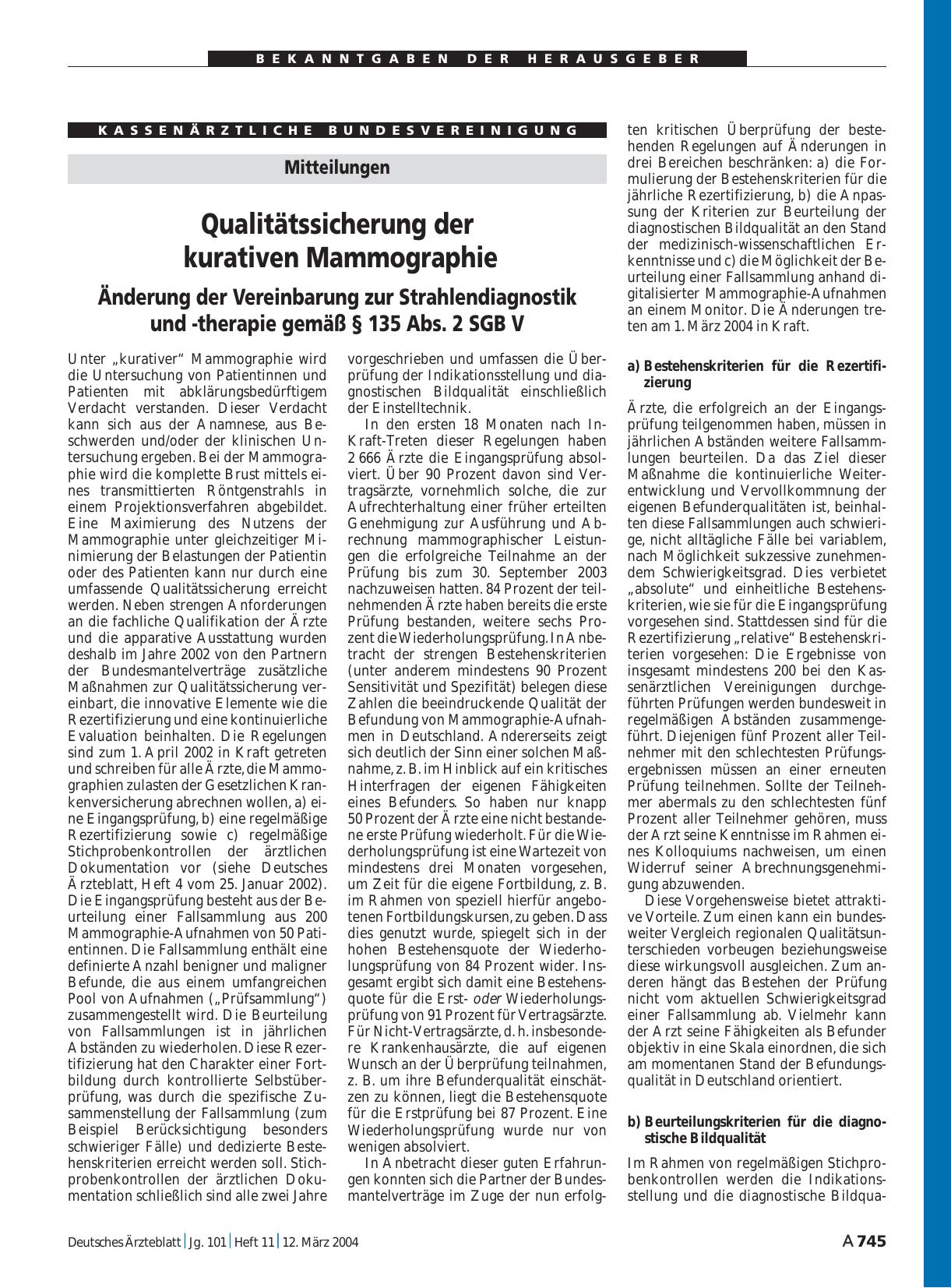 Vorschauseite 1: Mitteilungen: Qualitätssicherung der kurativen Mammographie