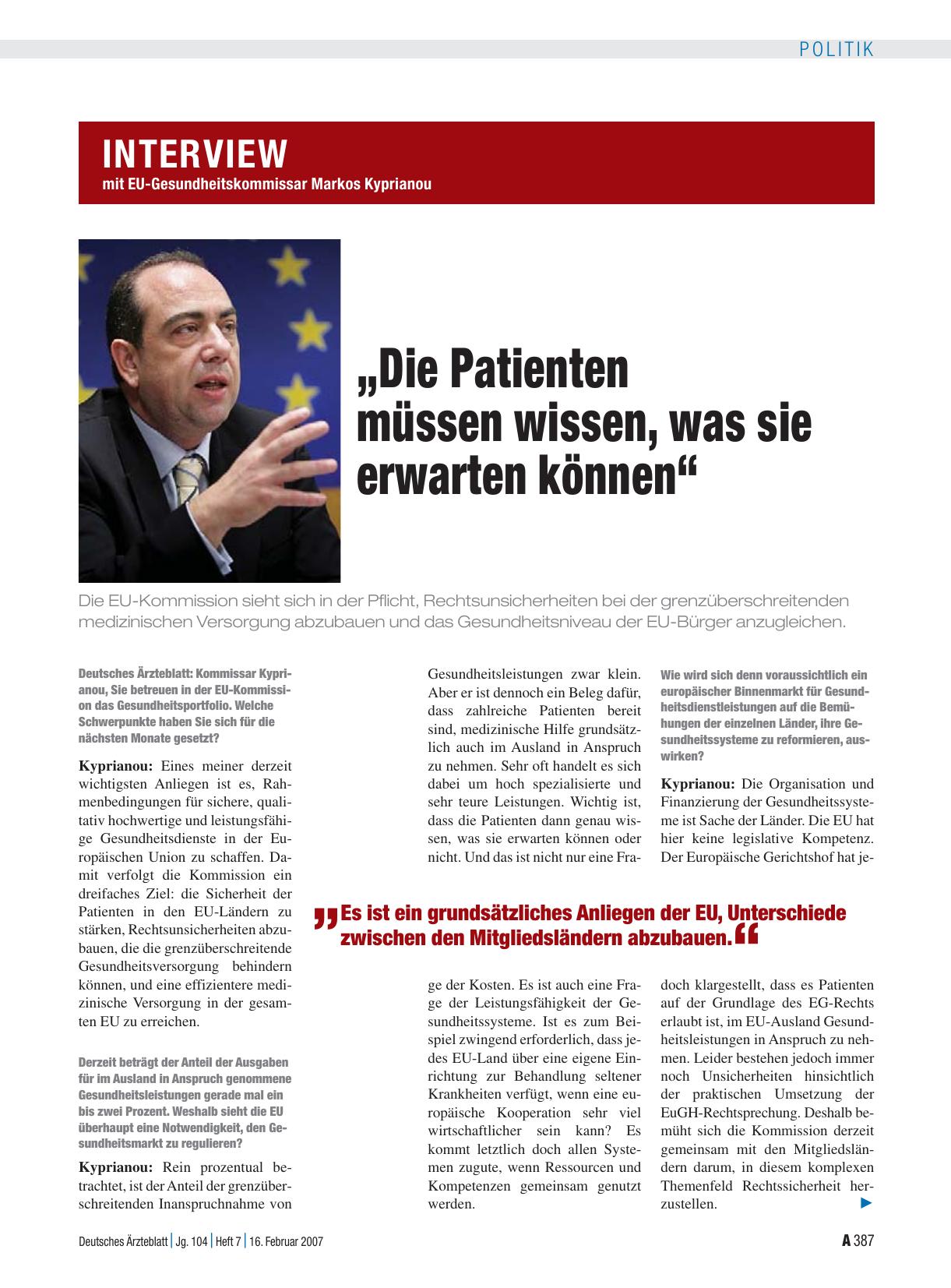 Vorschauseite 1: Interview mit EU-Gesundheitskommissar Markos Kyprianou: „Die Patienten müssen wissen, was sie erwarten können“