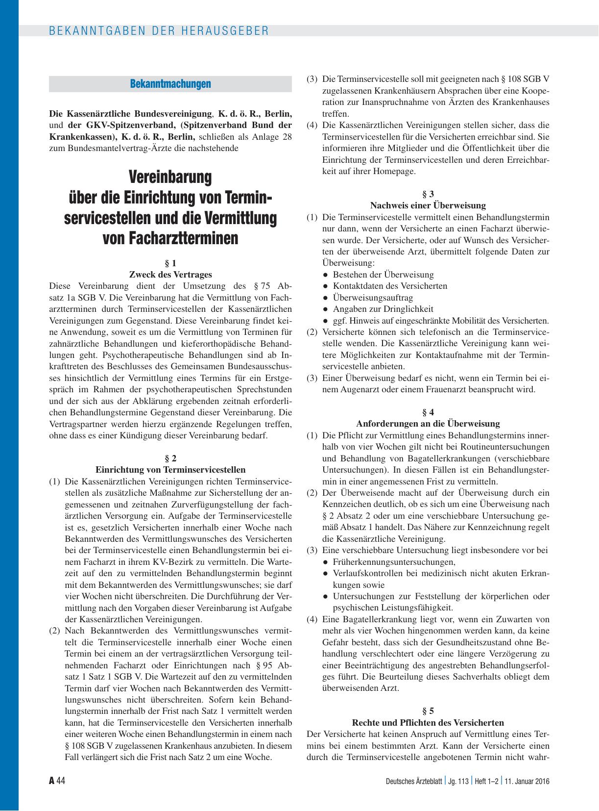 Vorschauseite 1: Vereinbarung über die Einrichtung von Terminservicestellen und die Vermittlung von Facharztterminen