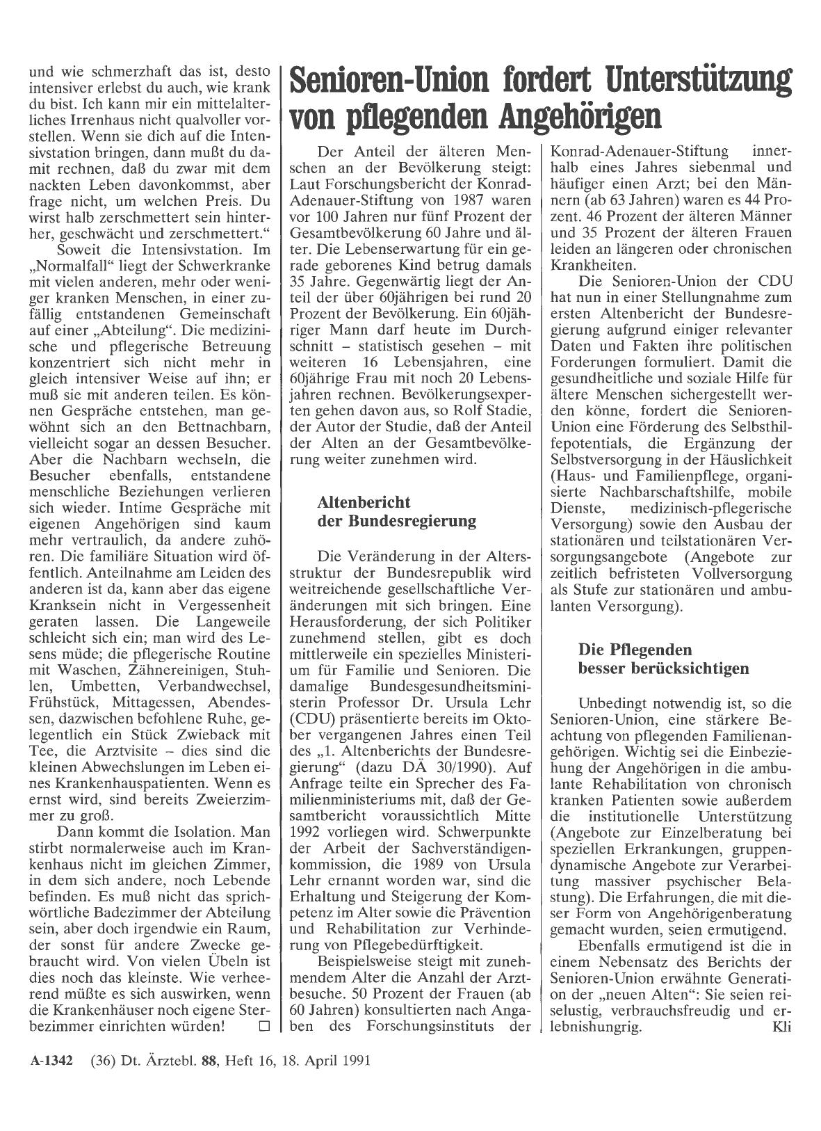 Vorschauseite 1: Senioren-Union fordert Unterstützung von pflegenden Angehörigen
