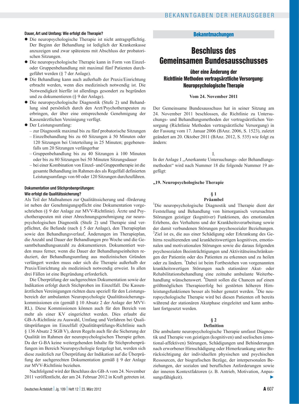 Vorschauseite 1: Beschluss des Gemeinsamen Bundesausschusses über eine Änderung der Richtlinie Methoden vertragsärztliche Versorgung: Neuropsychologische Therapie