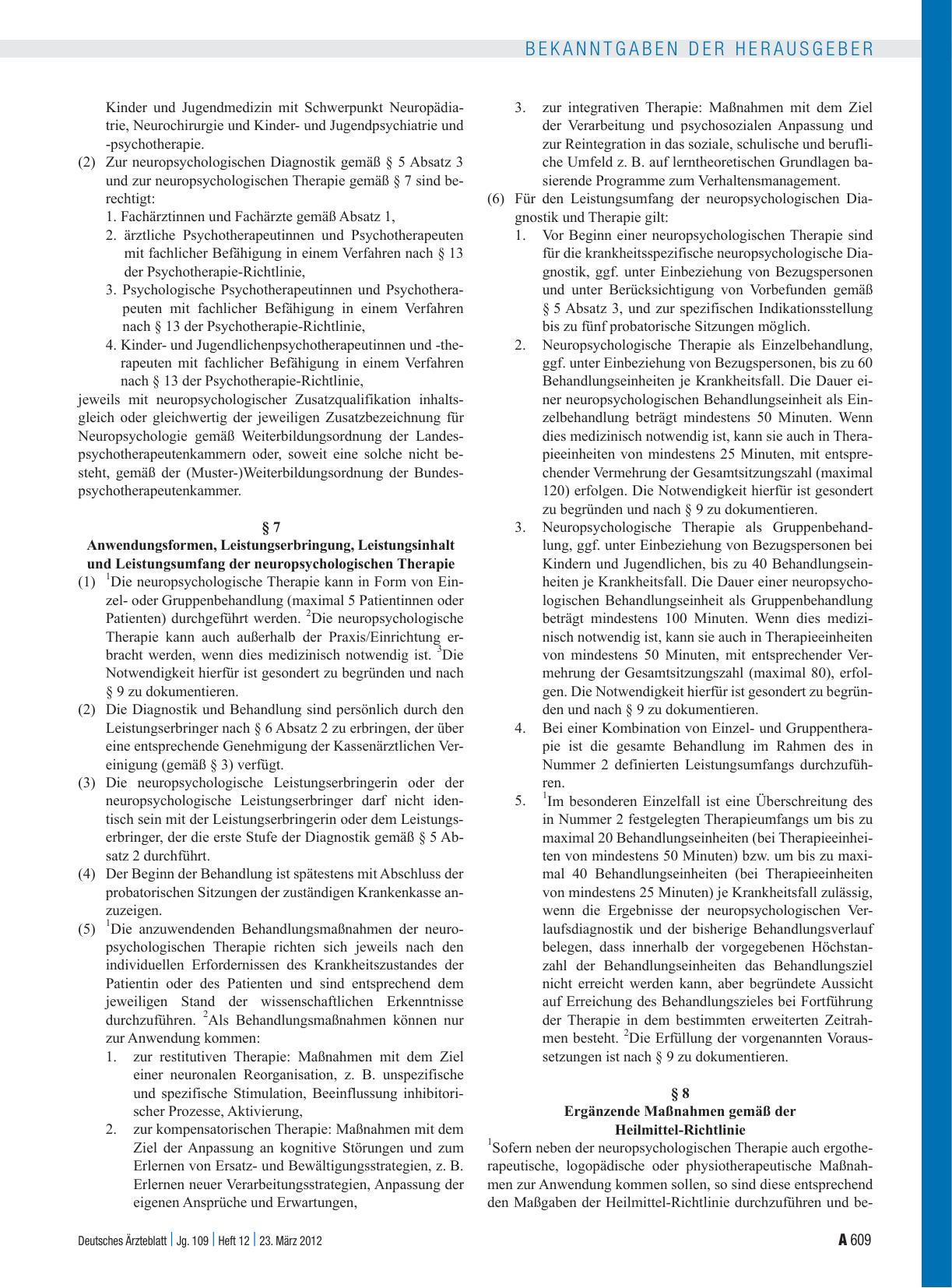 Vorschauseite 3: Beschluss des Gemeinsamen Bundesausschusses über eine Änderung der Richtlinie Methoden vertragsärztliche Versorgung: Neuropsychologische Therapie