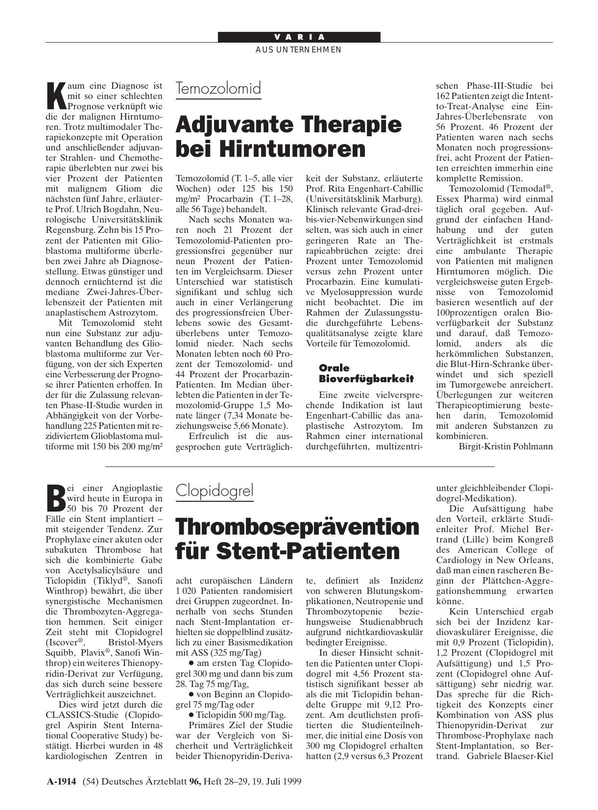 Vorschauseite 1: Temozolomid: Adjuvante Therapie bei Hirntumoren