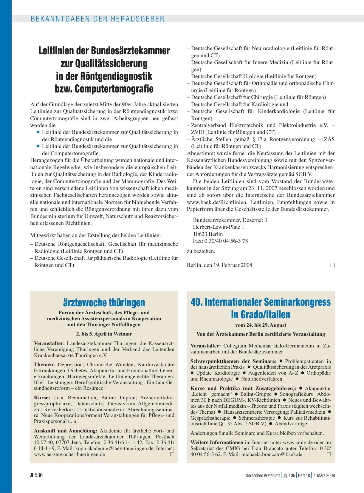 Vorschauseite 1: Leitlinien der Bundesärztekammer zur Qualitätssicherung in der Röntgendiagnostik bzw. Computertomografie