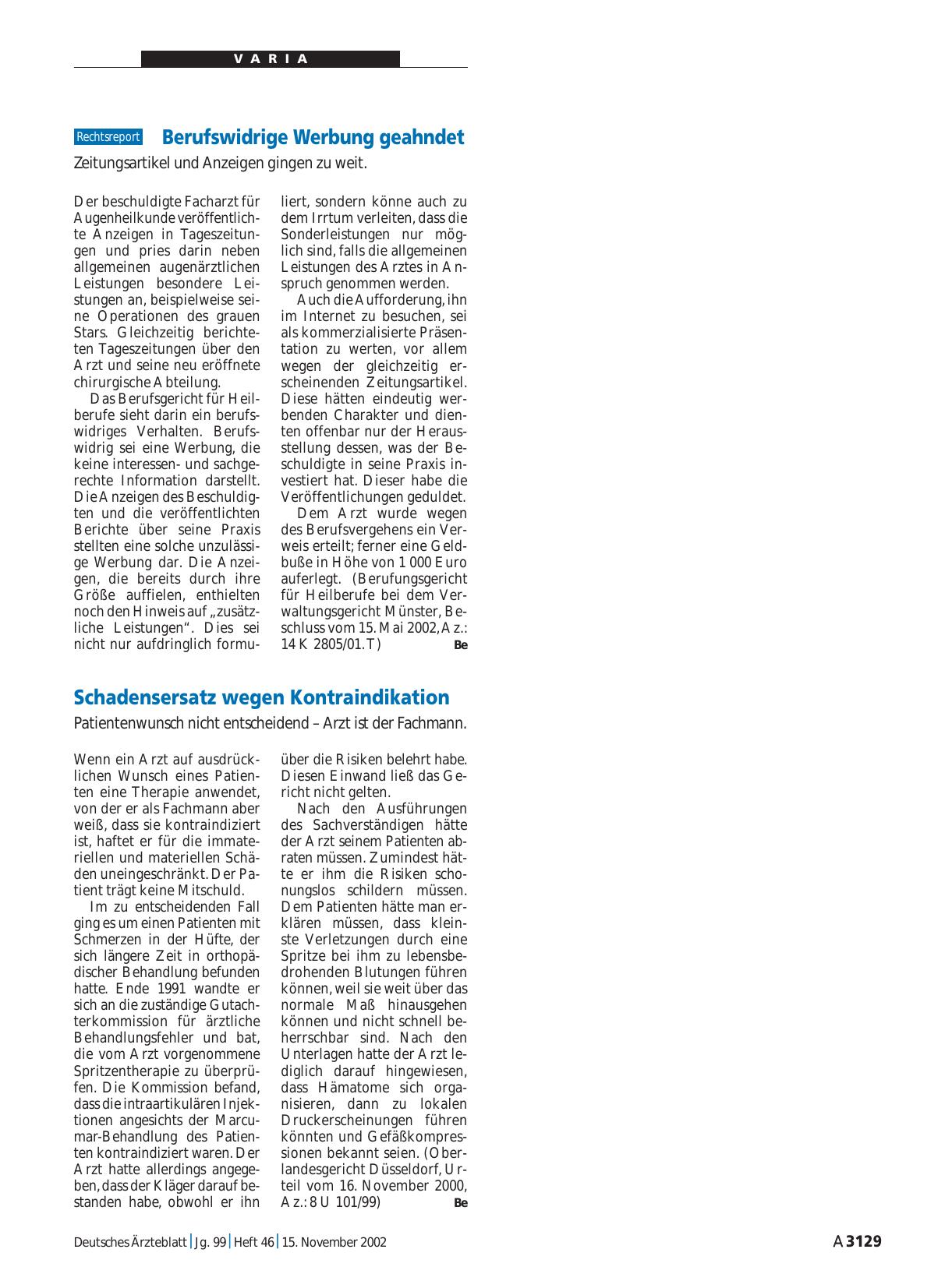 Vorschauseite 1: Berufswidrige Werbung geahndet: Zeitungsartikel und Anzeigen gingen zu weit