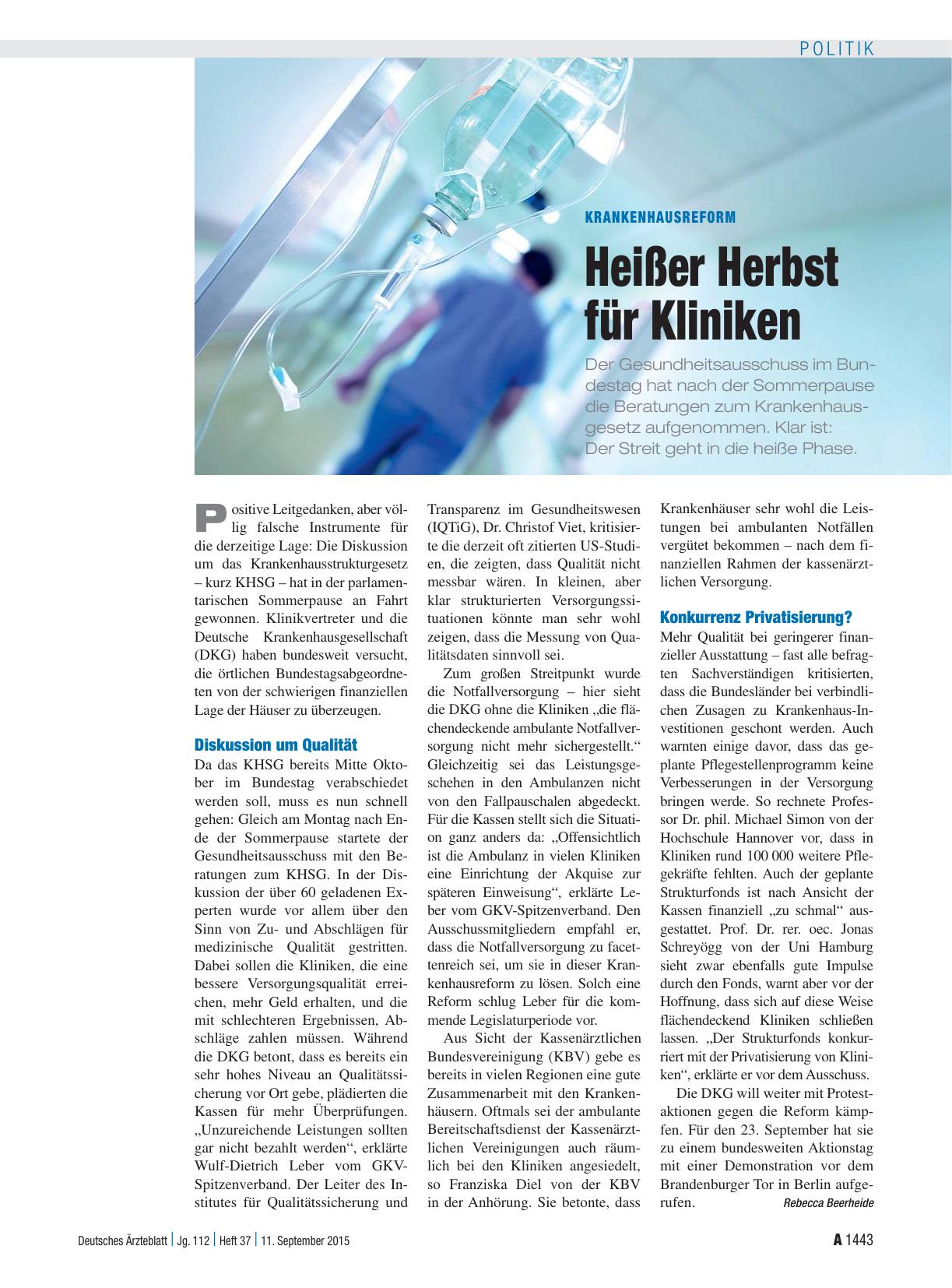 Vorschauseite 1: Krankenhausreform: Heißer Herbst für Kliniken