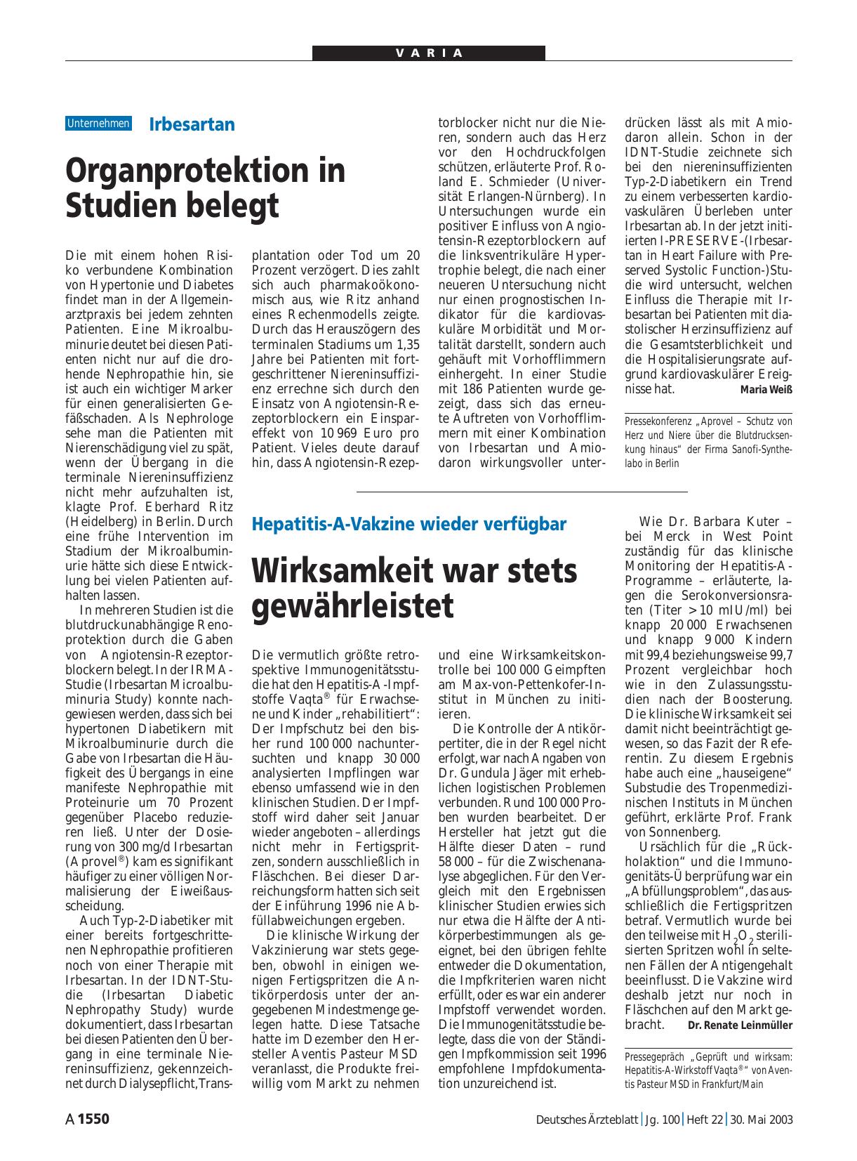 Vorschauseite 1: Irbesartan: Organprotektion in Studien belegt