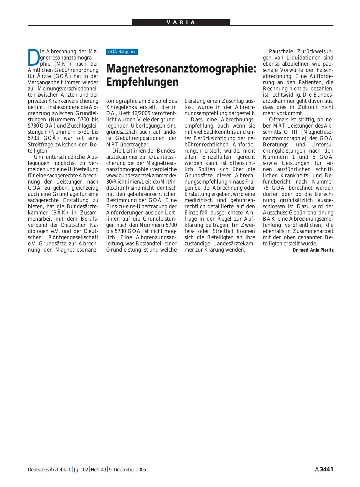 Vorschauseite 1: Magnetresonanztomographie: Empfehlungen