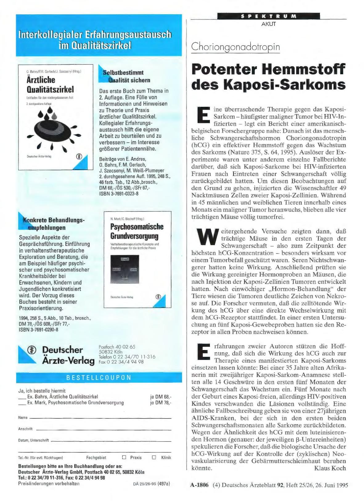 Vorschauseite 1: Choriongonadotropin: Potenter Hemmstoff des Kaposi-Sarkoms