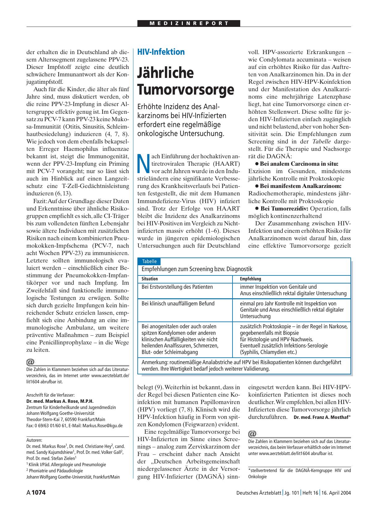 Vorschauseite 1: HIV-Infektion: Jährliche Tumorvorsorge