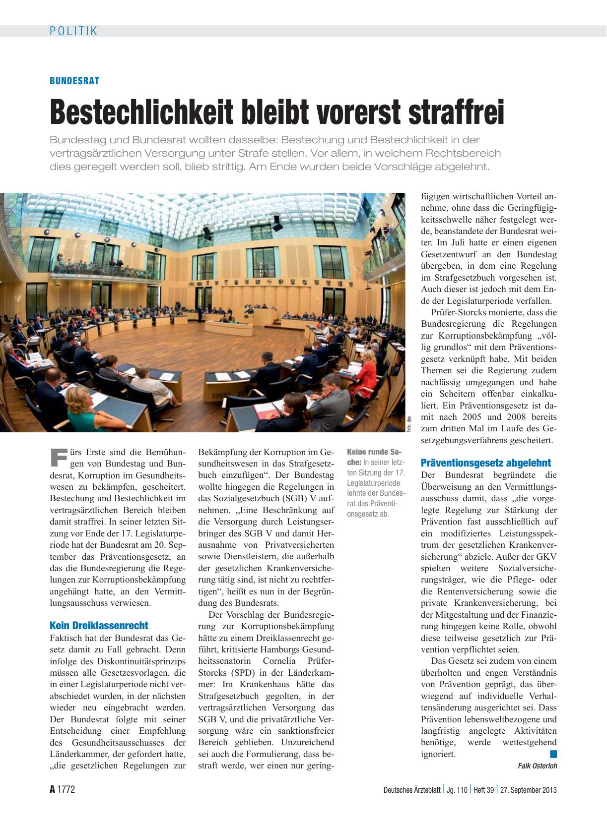 Vorschauseite 1: Bundesrat: Bestechlichkeit bleibt vorerst straffrei