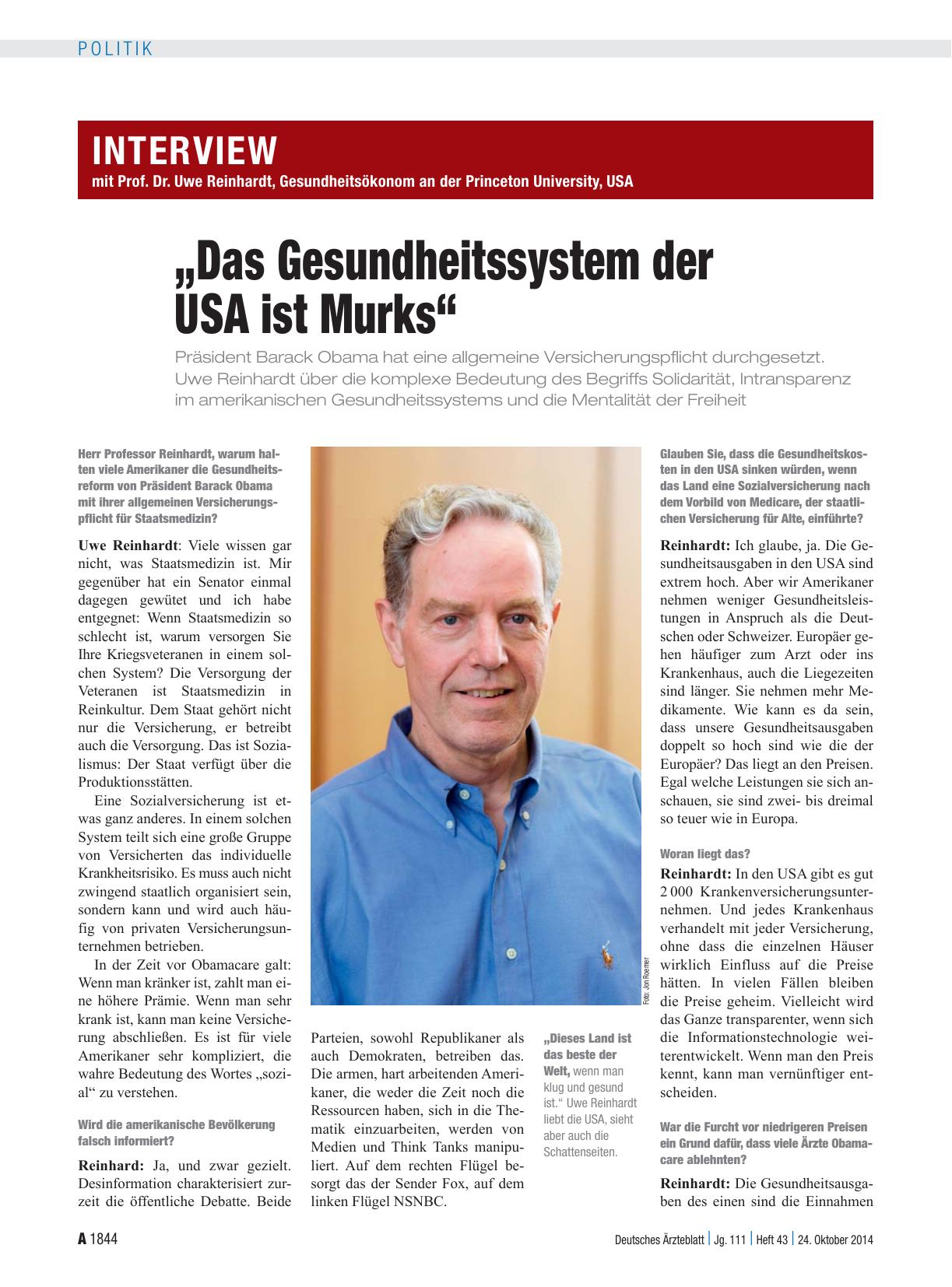 Vorschauseite 1: Interview mit Prof. Dr. Uwe Reinhardt, Gesundheitsökonom an der Princeton University, USA: „Das Gesundheitssystem der USA ist Murks“