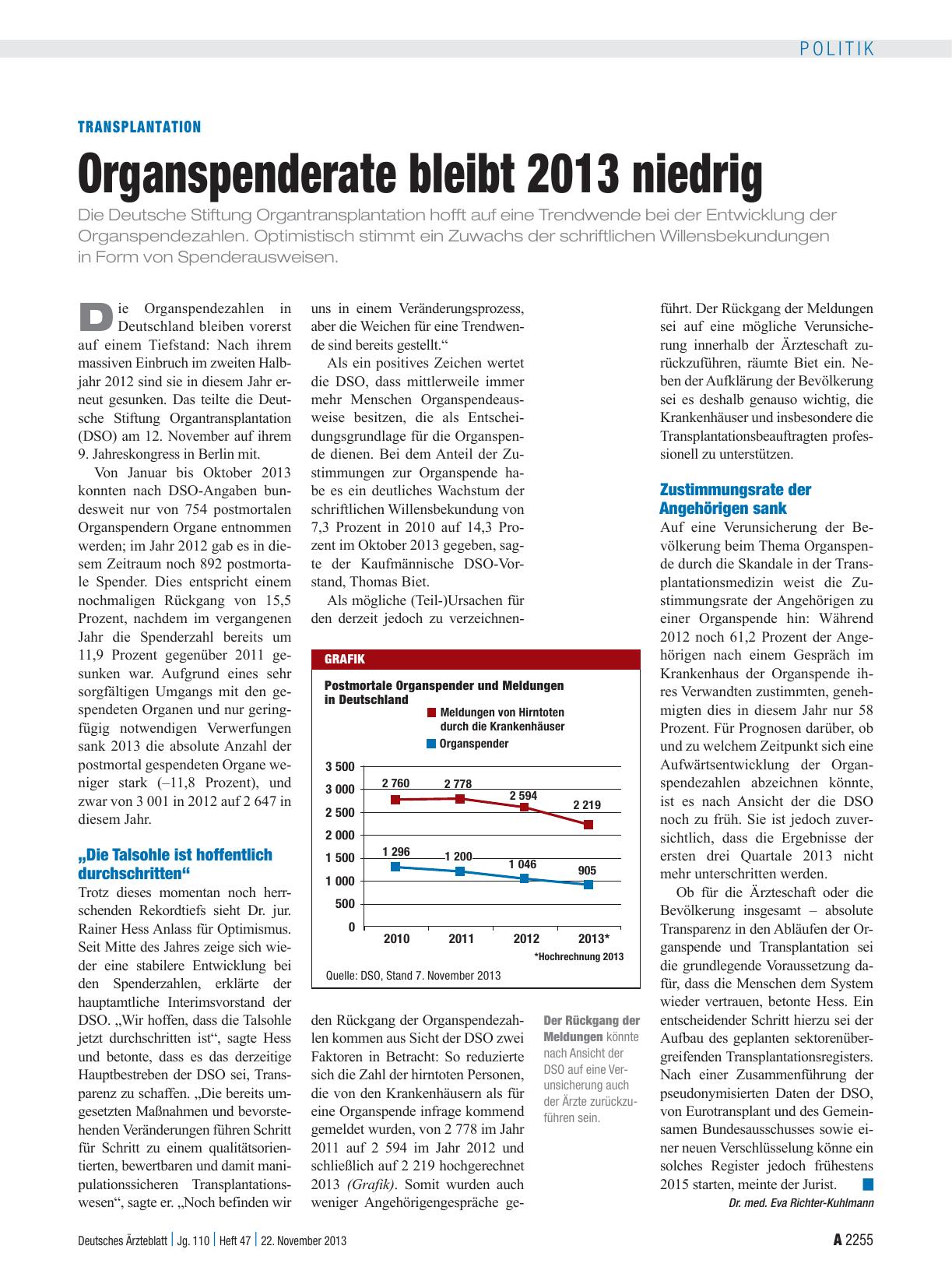 Vorschauseite 1: Transplantation: Organspenderate bleibt 2013 niedrig