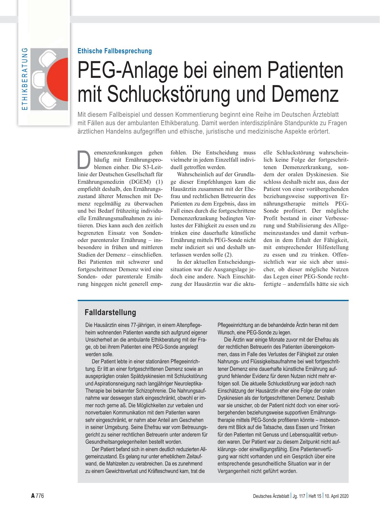 Vorschauseite 1: Ethische Fallbesprechung: PEG-Anlage bei einem Patienten mit Schluckstörung und Demenz