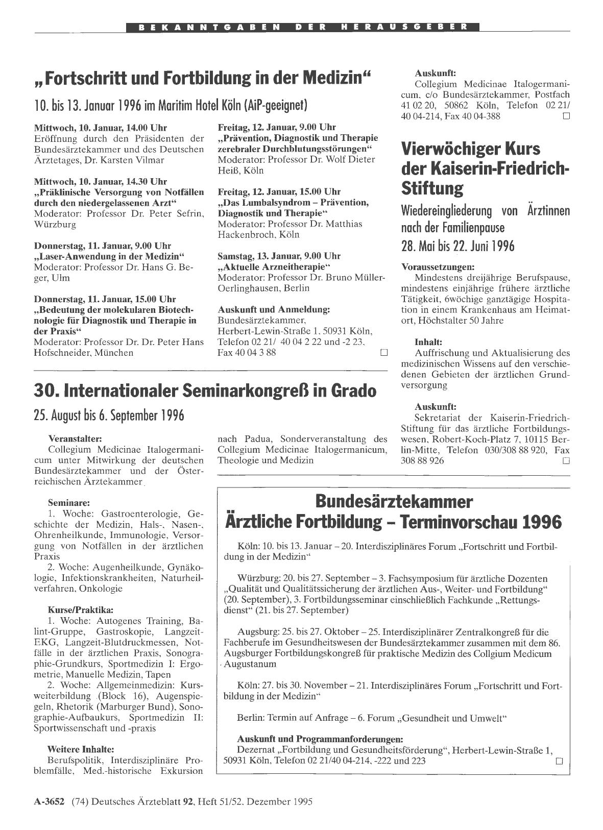 Vorschauseite 1: Mitteilungen: 30. Internationaler Seminarkongreß in Grado