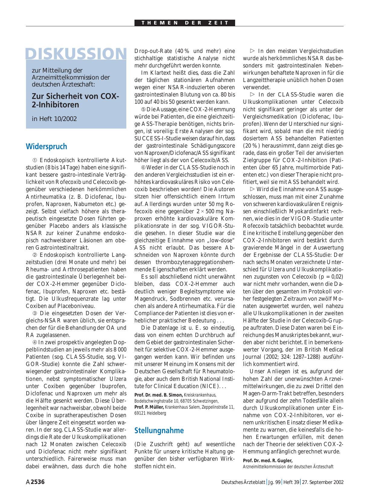 Vorschauseite 1: Zur Sicherheit von COX-2-Inhibitoren: Stellungnahme