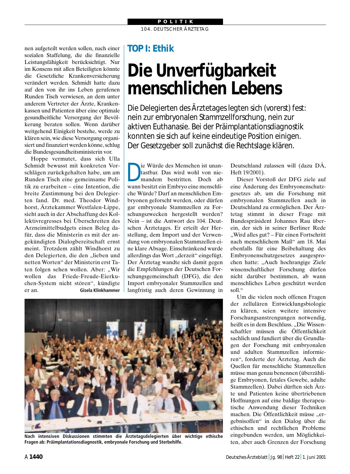 Vorschauseite 1: TOP I: Ethik - Die Unverfügbarkeit menschlichen Lebens