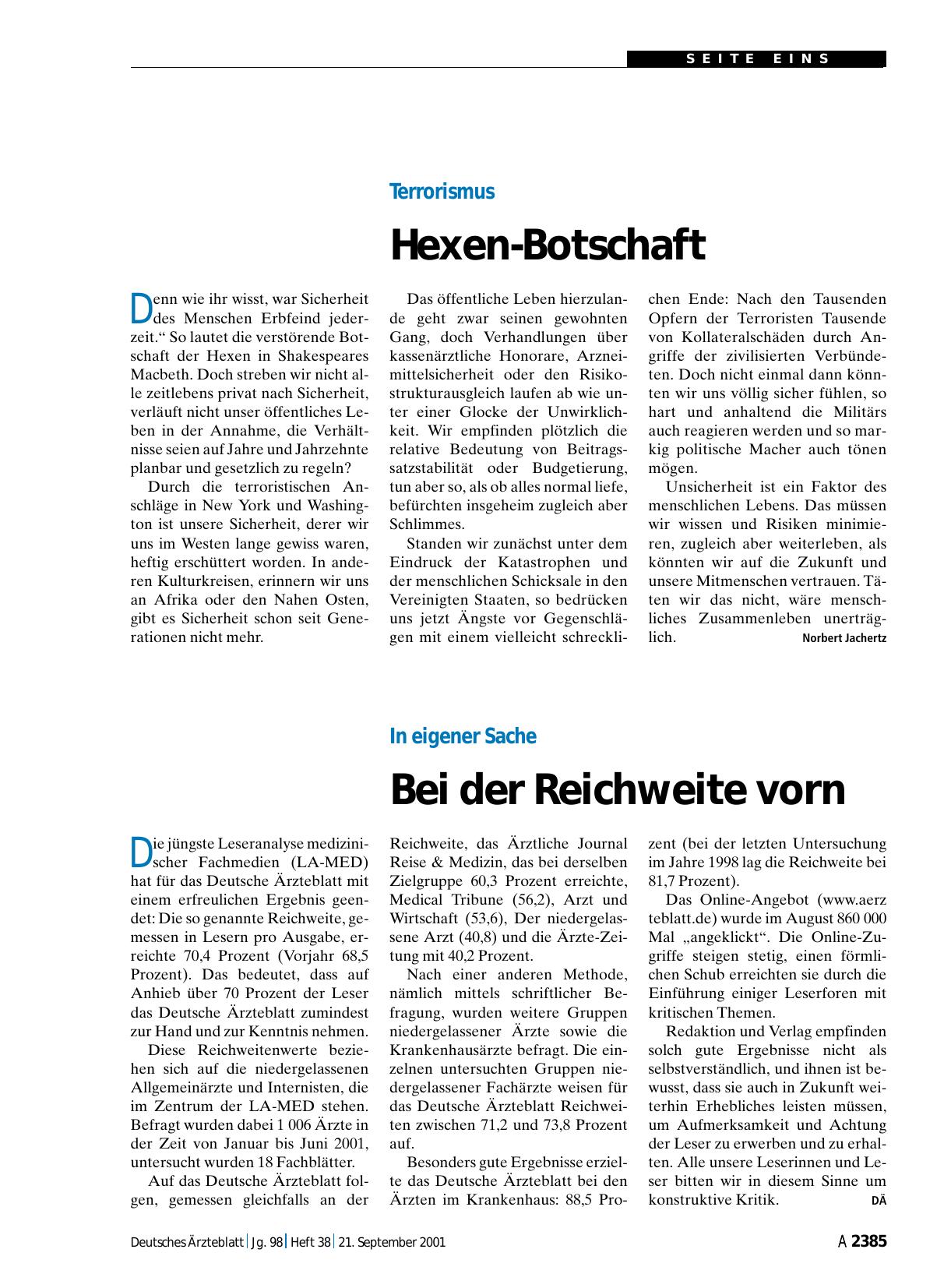Vorschauseite 1: Terrorismus: Hexen-Botschaft