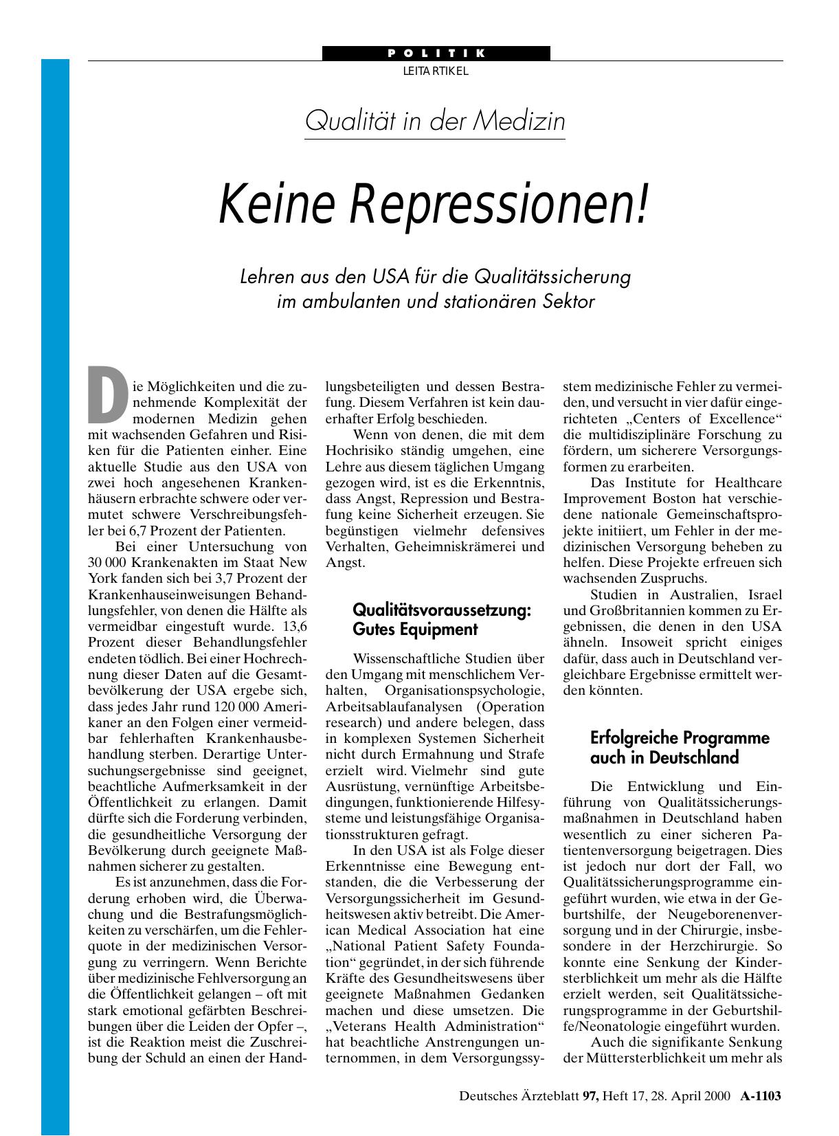 Vorschauseite 1: Qualität in der Medizin: Keine Repressionen!