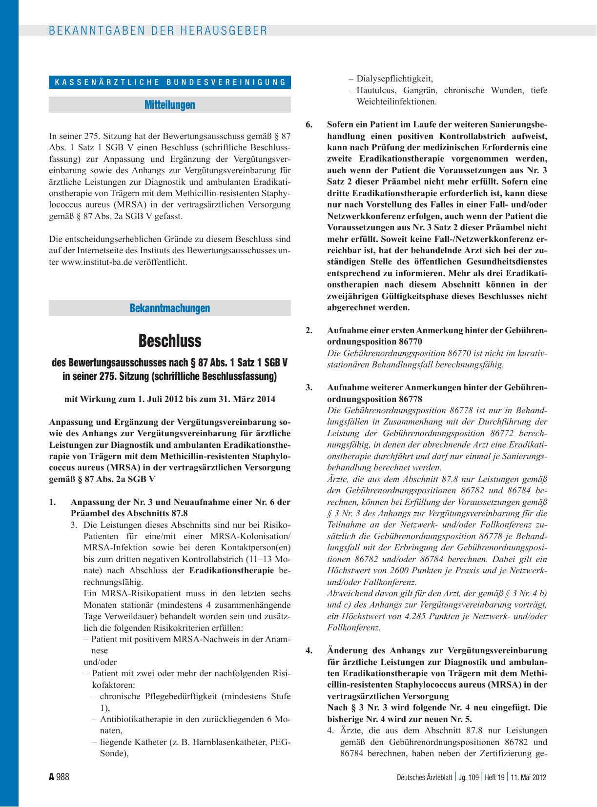 Vorschauseite 1: Beschluss des Bewertungsausschusses nach § 87 Abs. 1 Satz 1 SGB V in seiner 275. Sitzung (schriftliche Beschlussfassung)