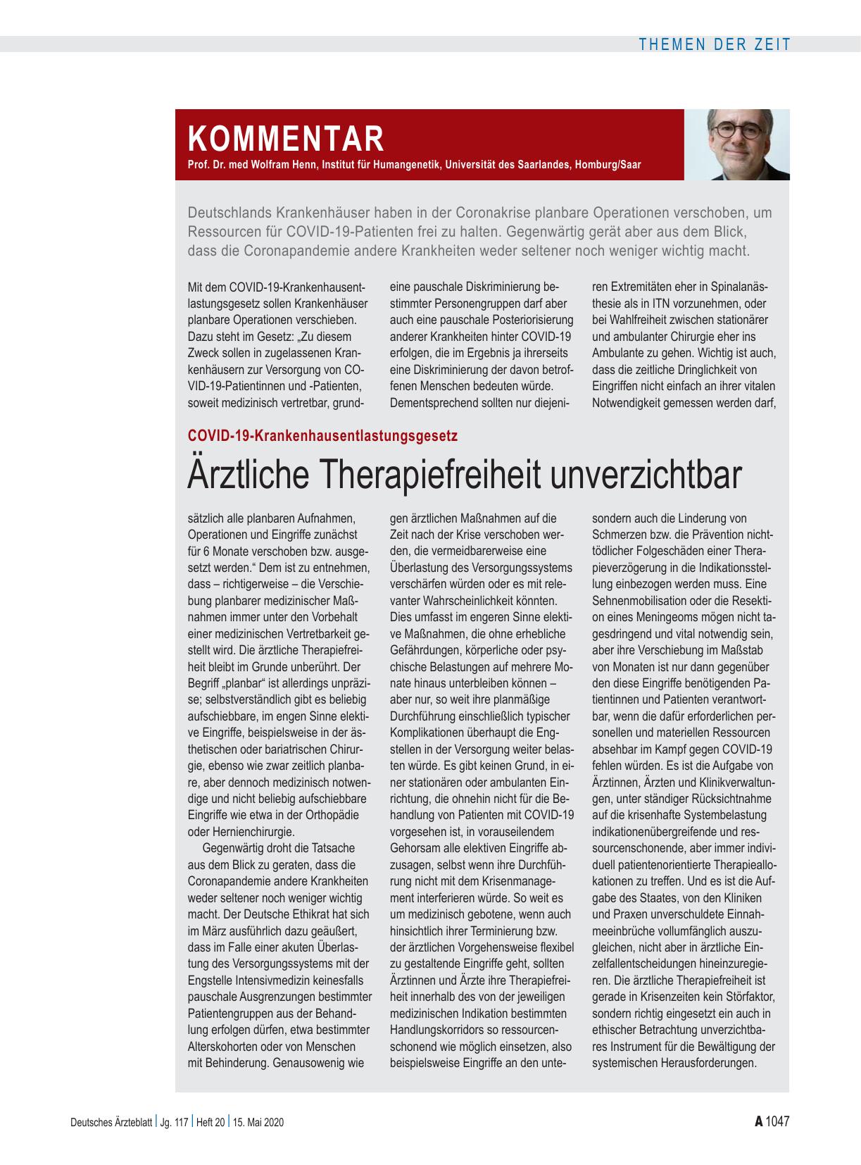 Vorschauseite 1: COVID-19-Krankenhausentlastungsgesetz: Ärztliche Therapiefreiheit unverzichtbar