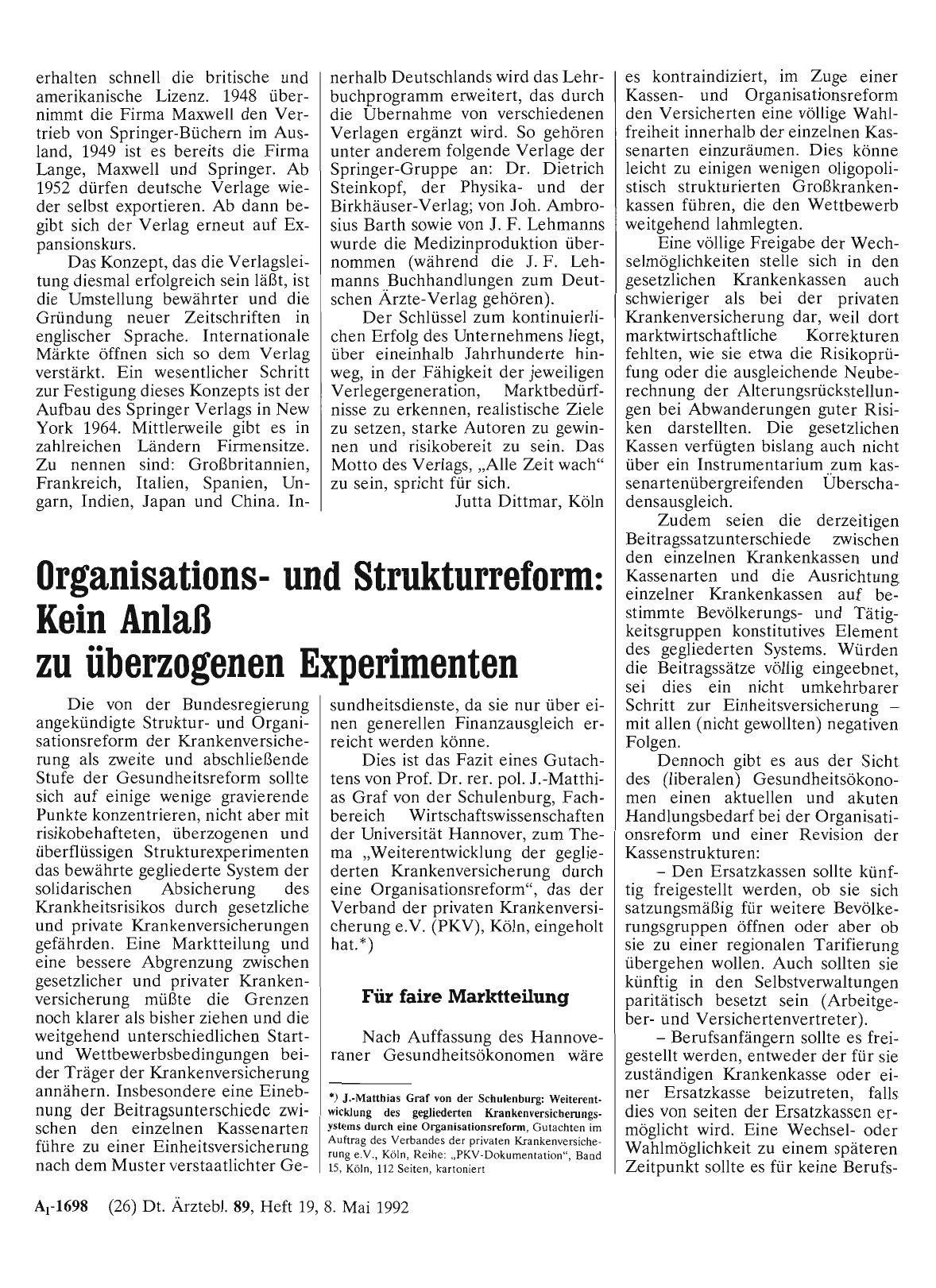 Vorschauseite 1: Organisationsund Strukturreform: Kein Anlaß zu überzogenen Experimenten