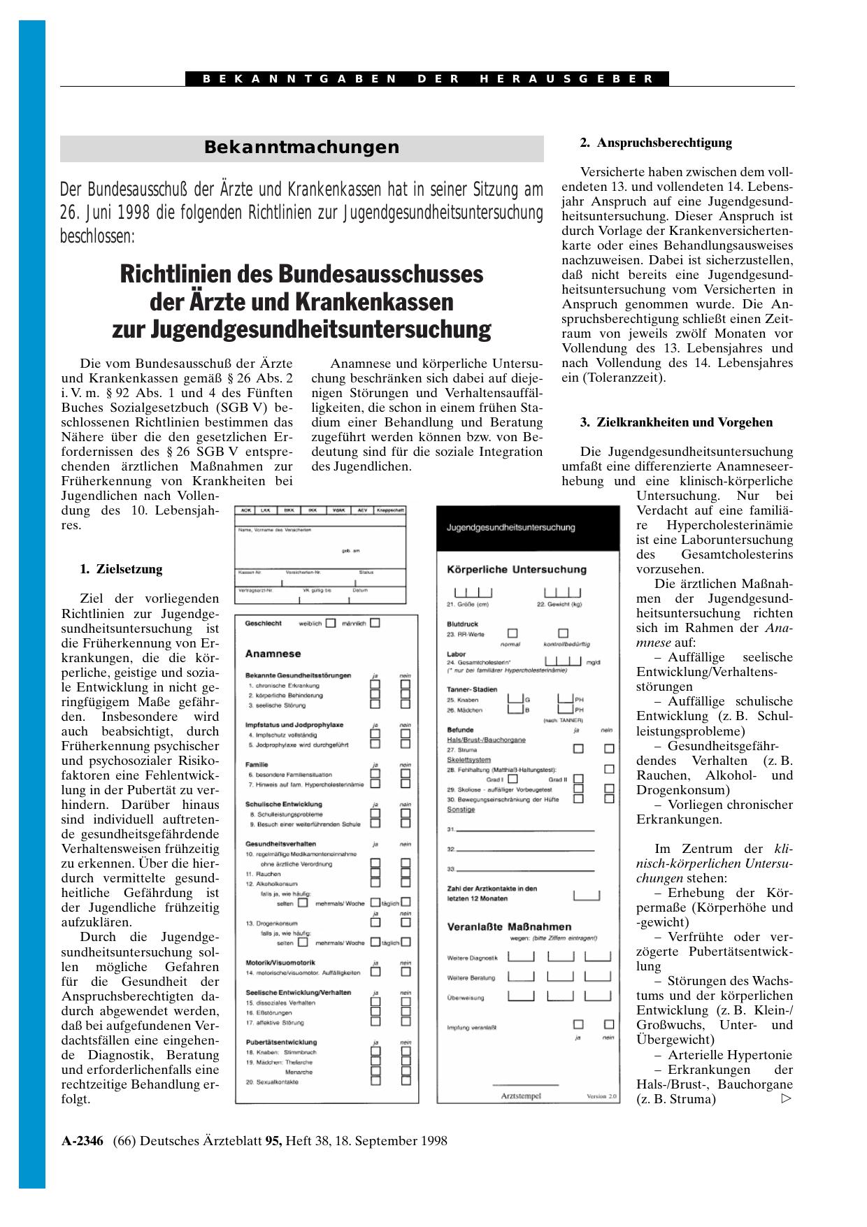 Vorschauseite 1: Der Bundesausschuß der Ärzte und Krankenkassen hat in seiner Sitzung am 26. Juni 1998 die folgenden Richtlinien zur Jugendgesundheitsuntersuchung beschlossen: Richtlinien des Bund…