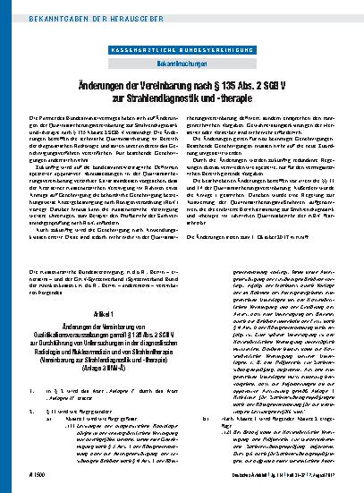 Vorschauseite 1: Änderungen der Vereinbarung nach § 135 Abs. 2 SGB V zur Strahlendiagnostik und -therapie