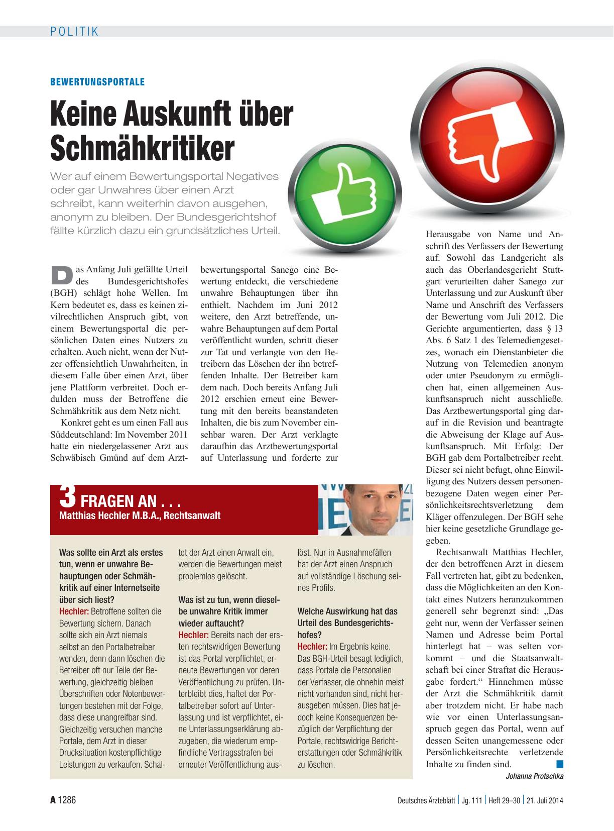 Vorschauseite 1: Bewertungsportale: Keine Auskunft über Schmähkritiker