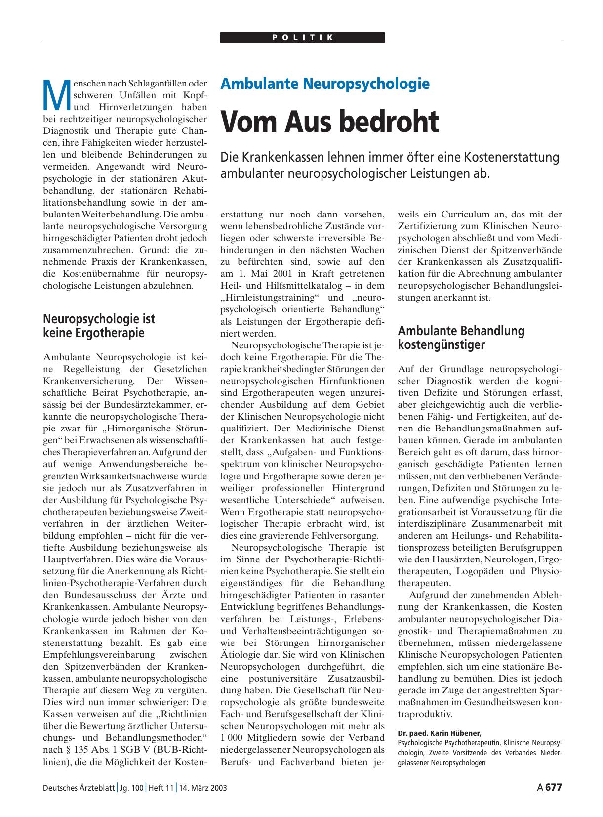 Vorschauseite 1: Ambulante Neuropsychologie: Vom Aus bedroht
