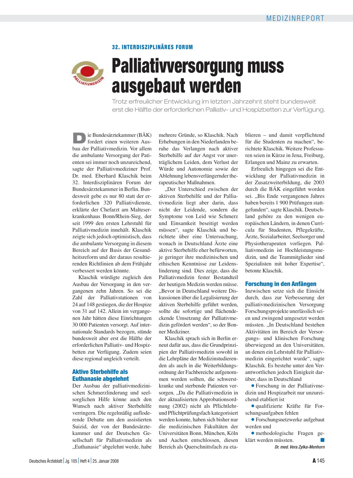 Vorschauseite 1: 32. Interdisziplinäres Forum: Palliativversorgung muss ausgebaut werden