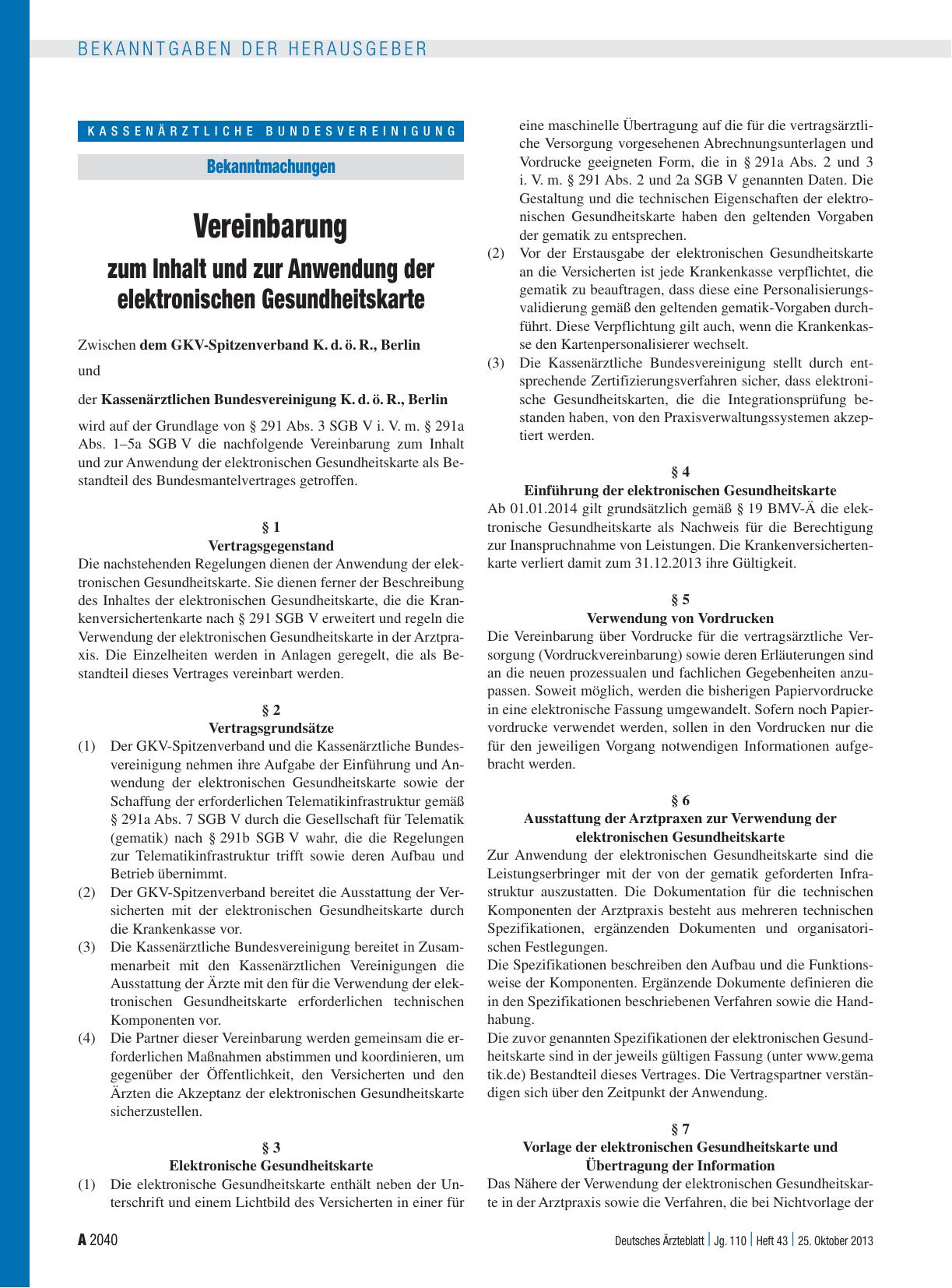 Vorschauseite 1: Vereinbarung zum Inhalt und zur Anwendung der elektronischen Gesundheitskarte