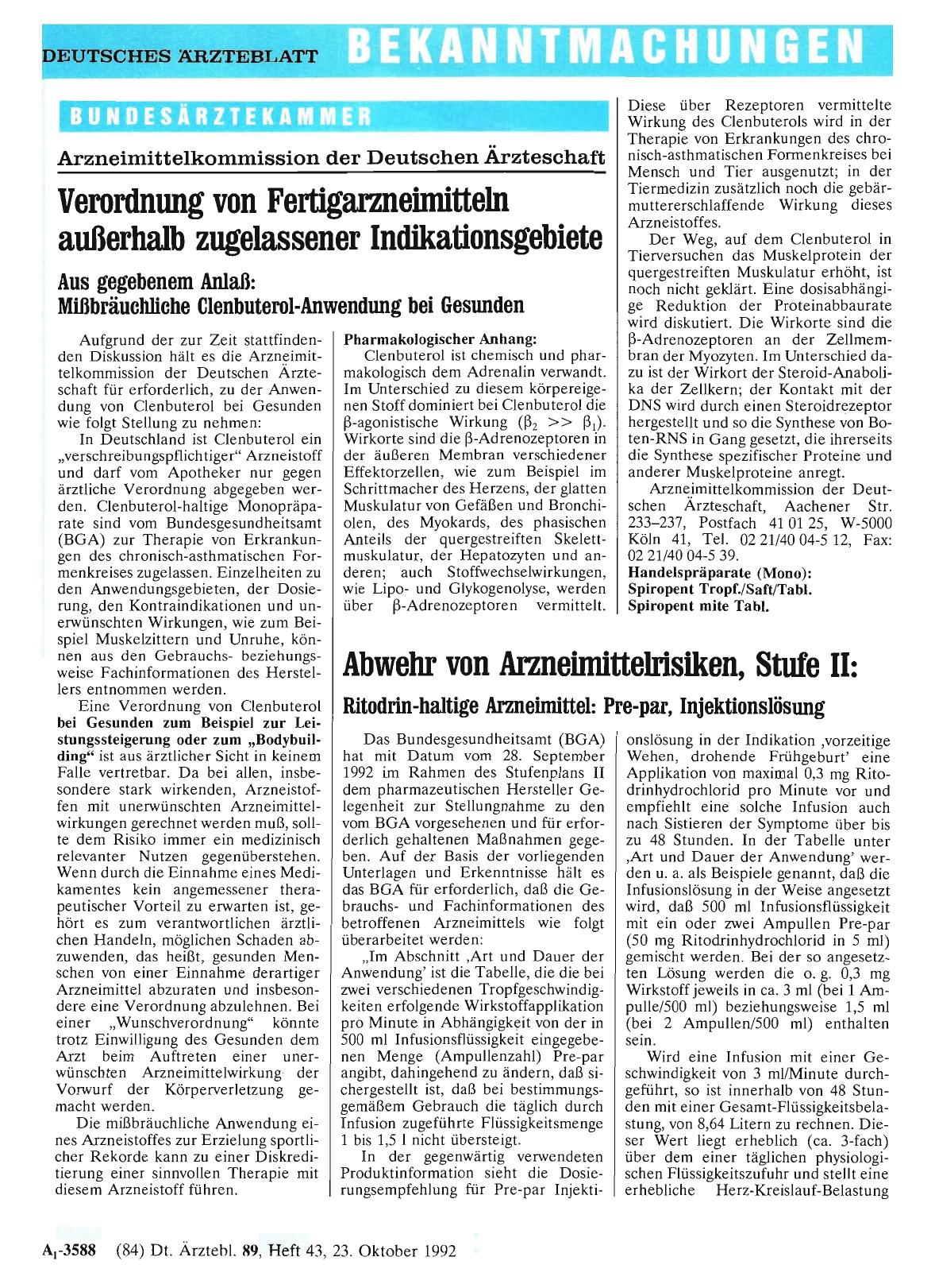 Vorschauseite 1: Abwehr von Arzneimittelrisiken, Stufe II: Ritodrin-haltige Arzneimittel: Pre-par, Injektionslösung