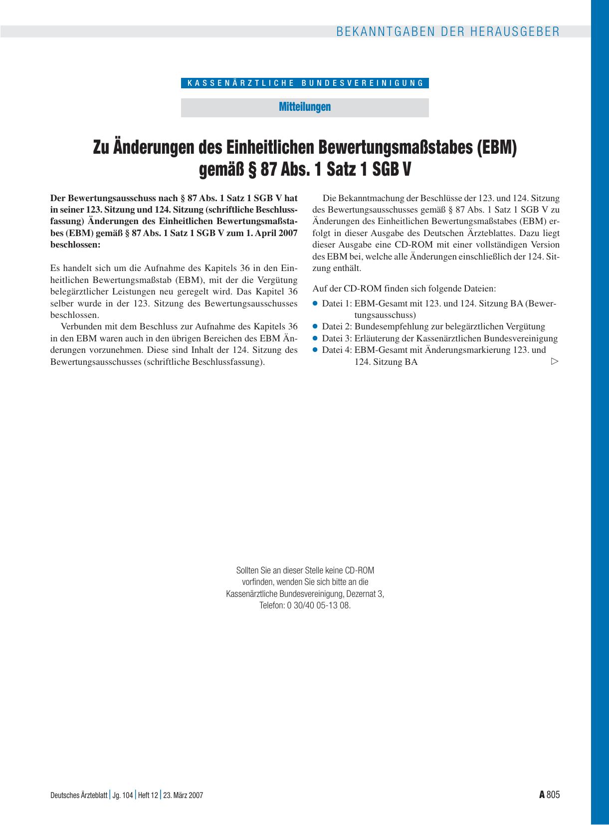 Vorschauseite 1: Mitteilungen: Zu Änderungen des Einheitlichen Bewertungsmaßstabes (EBM) gemäß § 87 Abs. 1 Satz 1 SGB V