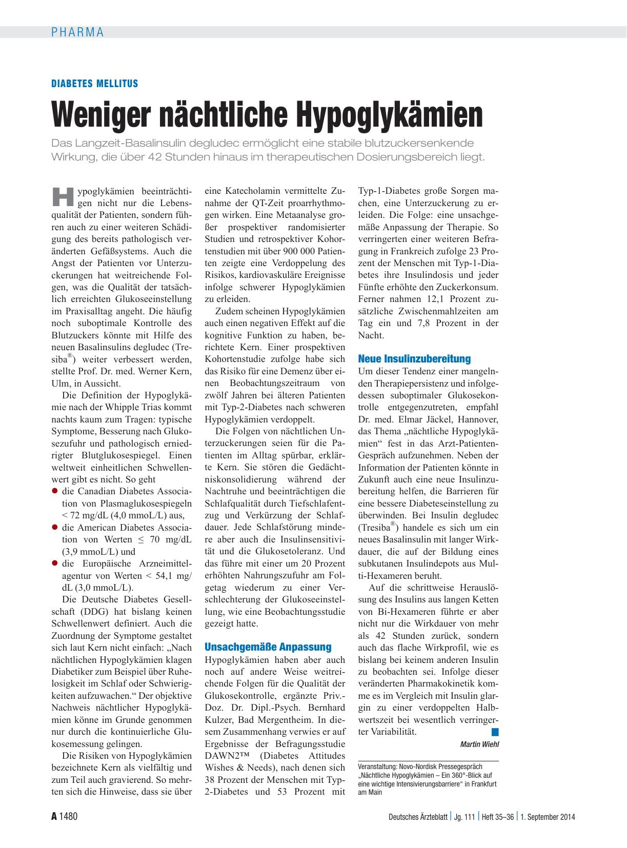 Vorschauseite 1: Diabetes Mellitus: Weniger nächtliche Hypoglykämien