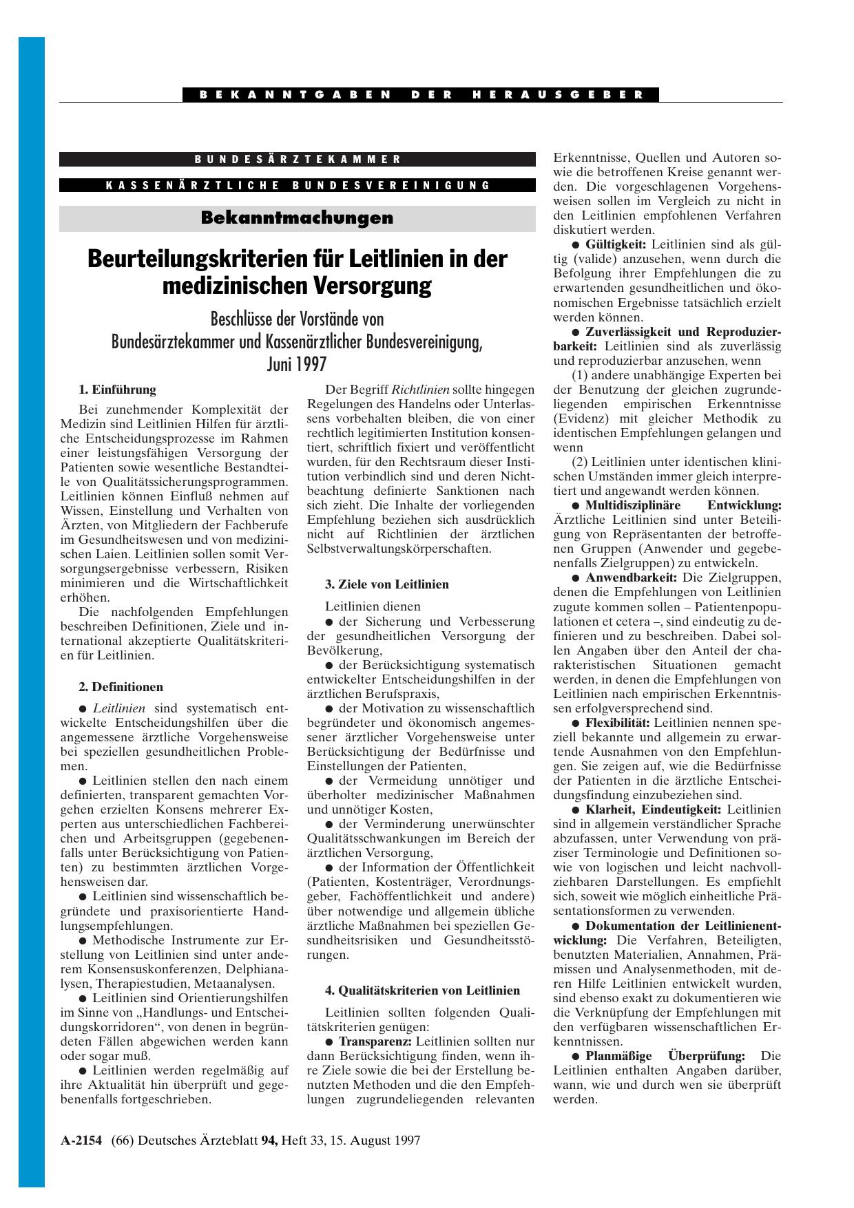 Vorschauseite 1: Bekanntmachungen: Beurteilungskriterien für Leitlinien in der medizinischen Versorgung Beschlüsse der Vorstände von Bundesärztekammer und Kassenärztlicher Bundesvereinigung, Juni…
