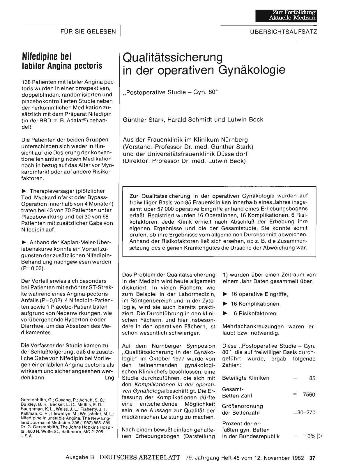 Vorschauseite 1: Qualitätssicherung in der operativen Gynäkologie: „Postoperative Studie - Gyn. 80“