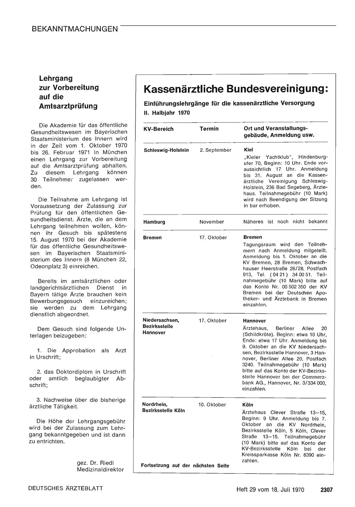 Vorschauseite 1: Kassenärztliche Bundesvereinigung: Einführungslehrgänge für die kassenärztliche Versorgung II. Halbjahr 1970