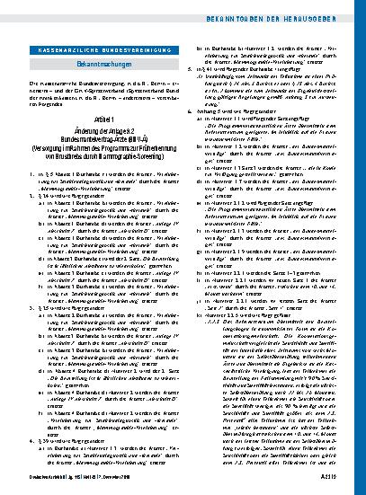 Vorschauseite 1: Artikel 1 – Änderung der Anlage 9. 2 Bundesmantelvertrag-Ärzte (BMV-Ä) (Versorgung im Rahmen des Programms zur Früherkennung von Brustkrebs durch Mammographie-Screening), Artikel…