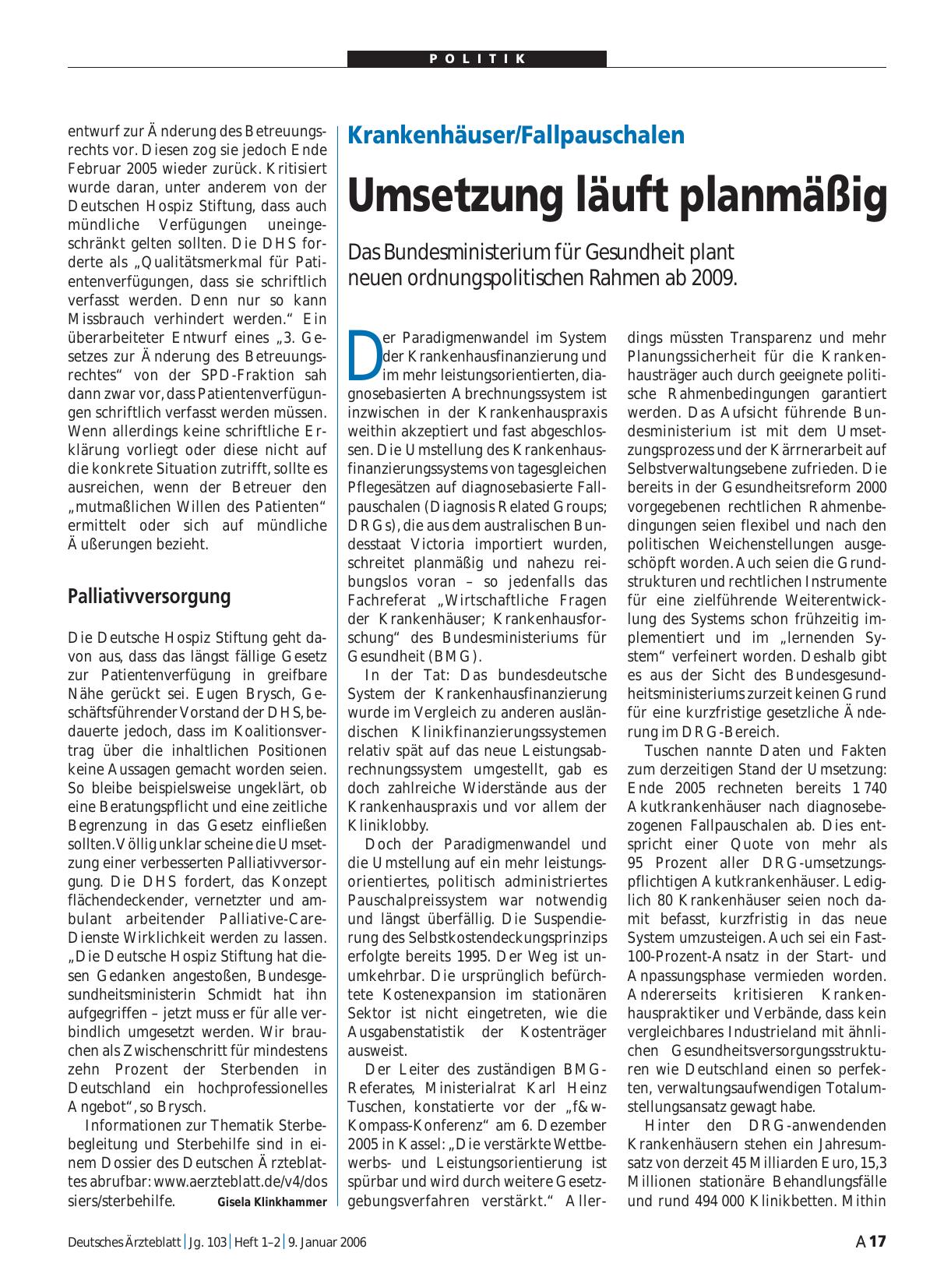 Vorschauseite 1: Krankenhäuser/Fallpauschalen: Umsetzung läuft planmäßig