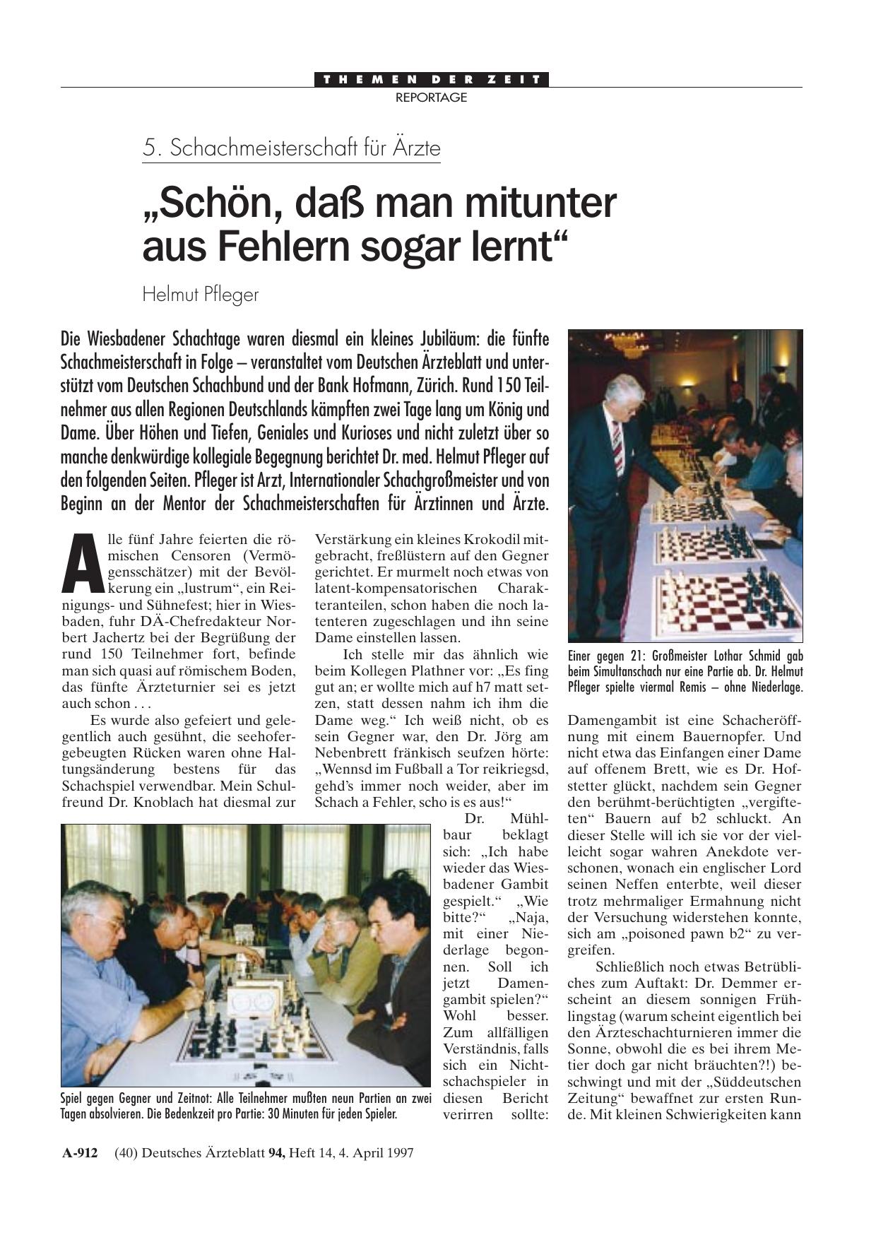 Vorschauseite 1: 5. Schachmeisterschaft für Ärzte: „Schön, daß man mitunter aus Fehlern sogar lernt“