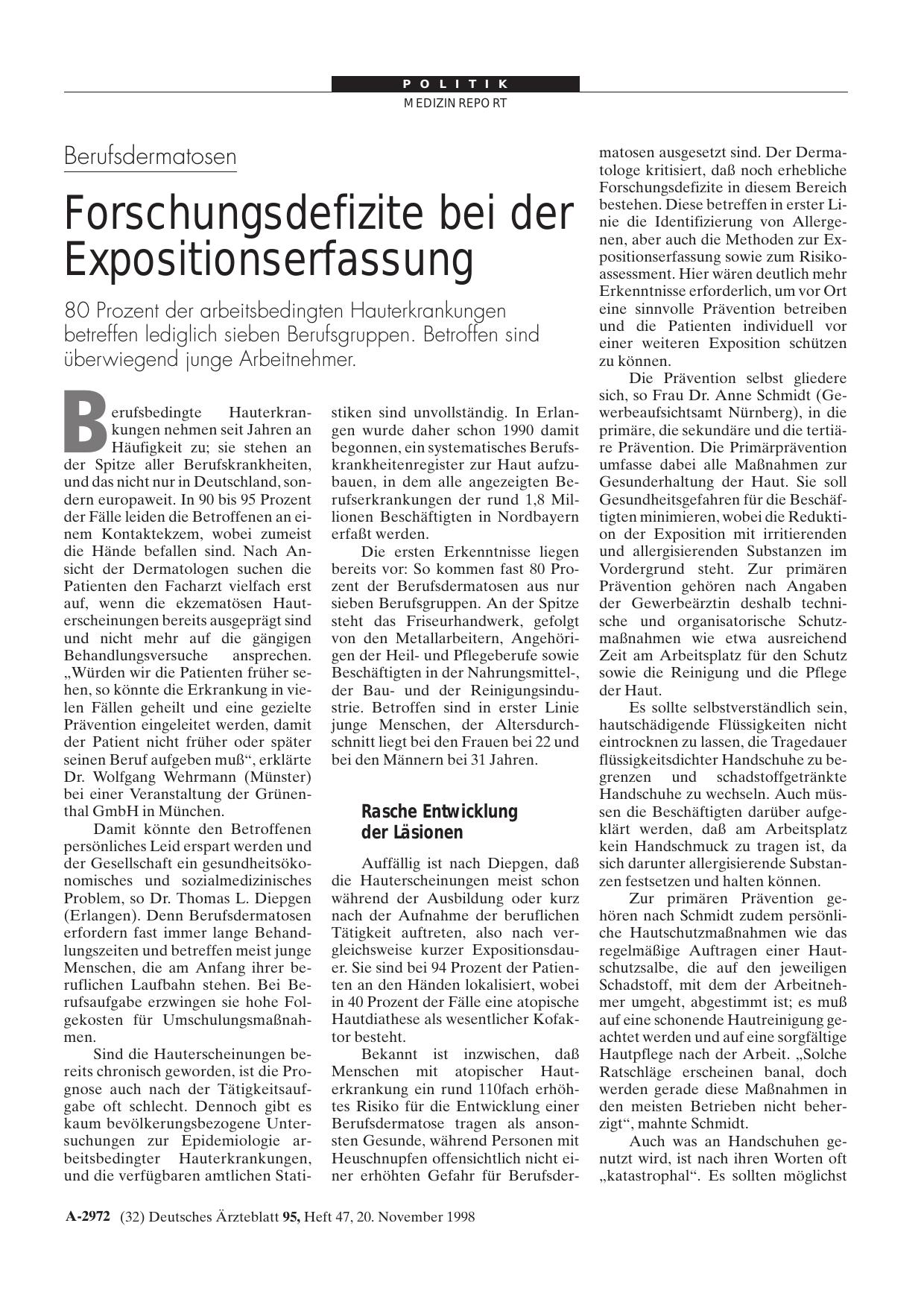 Vorschauseite 1: Berufsdermatosen: Forschungsdefizite bei der Expositionserfassung
