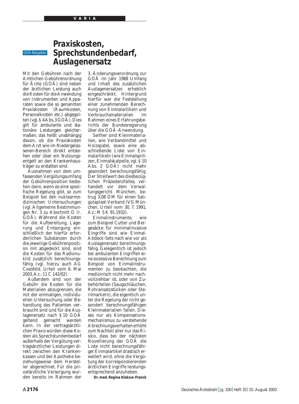 Vorschauseite 1: Praxiskosten, Sprechstundenbedarf, Auslagenersatz