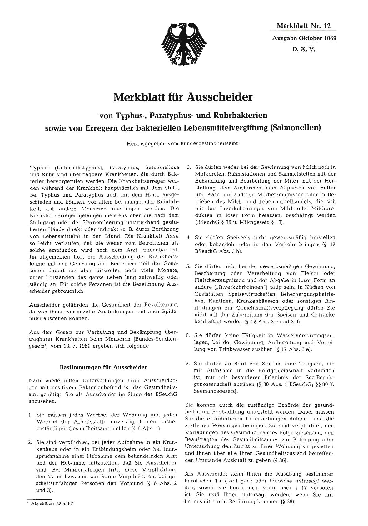 Vorschauseite 1: Merkblatt für Ausscheider von Typhus-, Paratyphusund Ruhrbakterien sowie von Erregern der bakteriellen Lebensmittelvergiftung (Salmonellen)