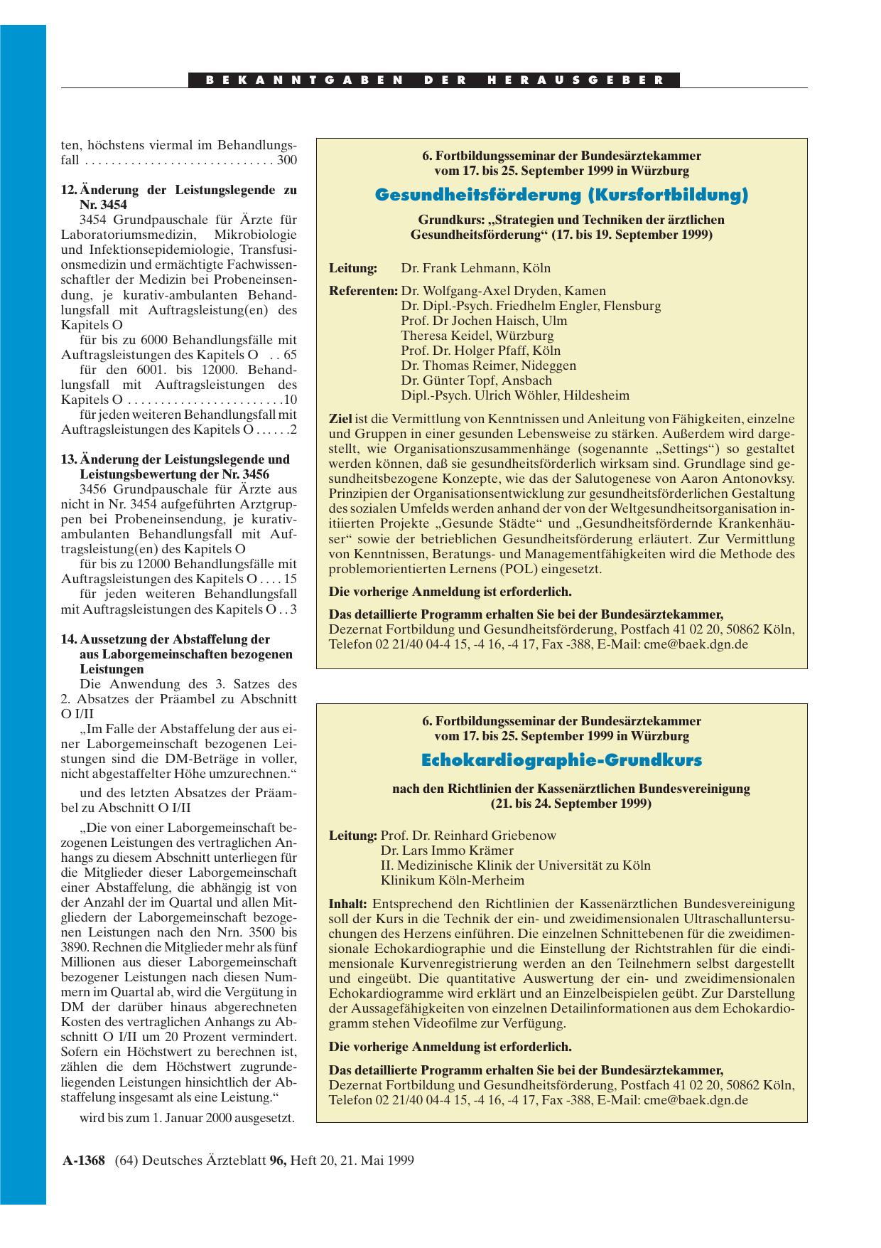Vorschauseite 1: 6. Fortbildungsseminar der Bundesärztekammer vom 17. bis 25. September 1999 in Würzburg: Echokardiographie-Grundkurs