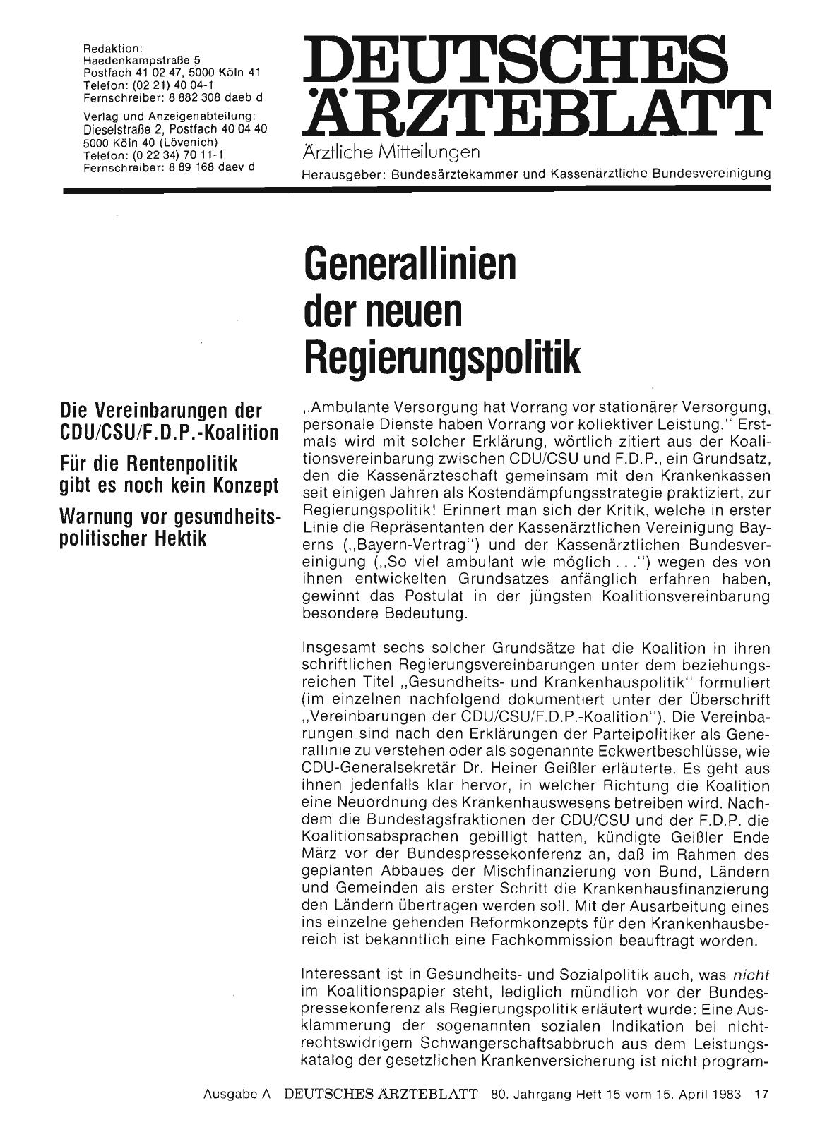 Vorschauseite 1: Generallinien der neuen Regierungspolitik