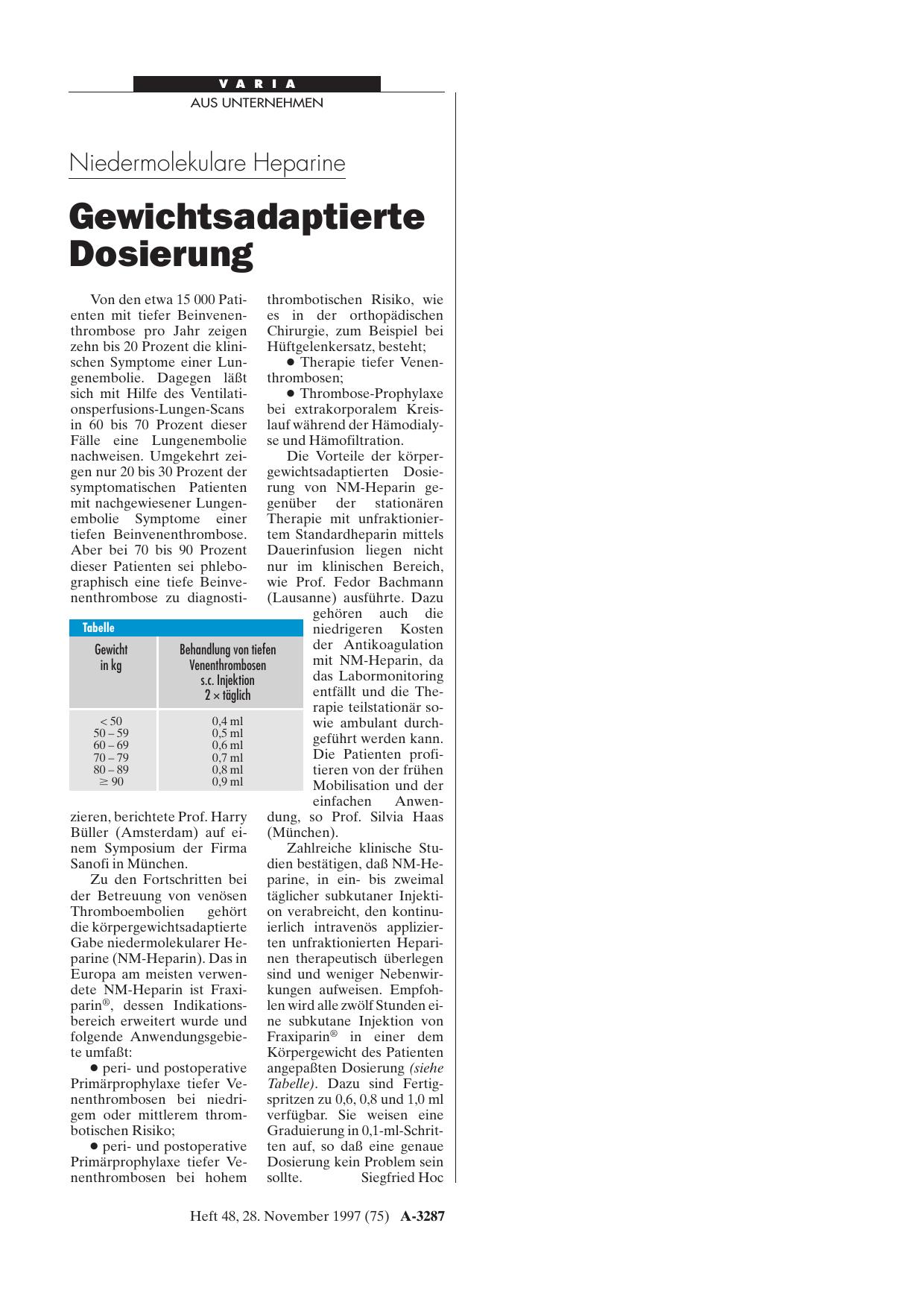 Vorschauseite 1: Niedermolekulare Heparine: Gewichtsadaptierte Dosierung