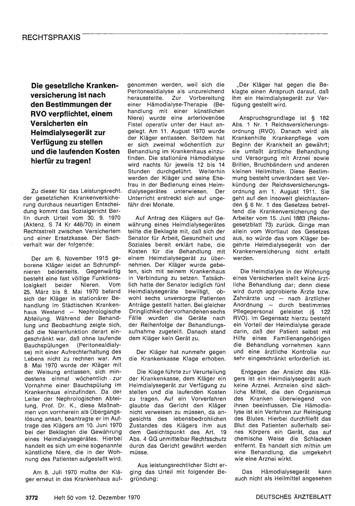 Vorschauseite 1: Die gesetzliche Krankenversicherung ist nach den Bestimmungen der RVO verpflichtet, einem Versicherten ein Heimdialysegerät zur Verfügung zu stellen und die laufenden Kosten hierf…