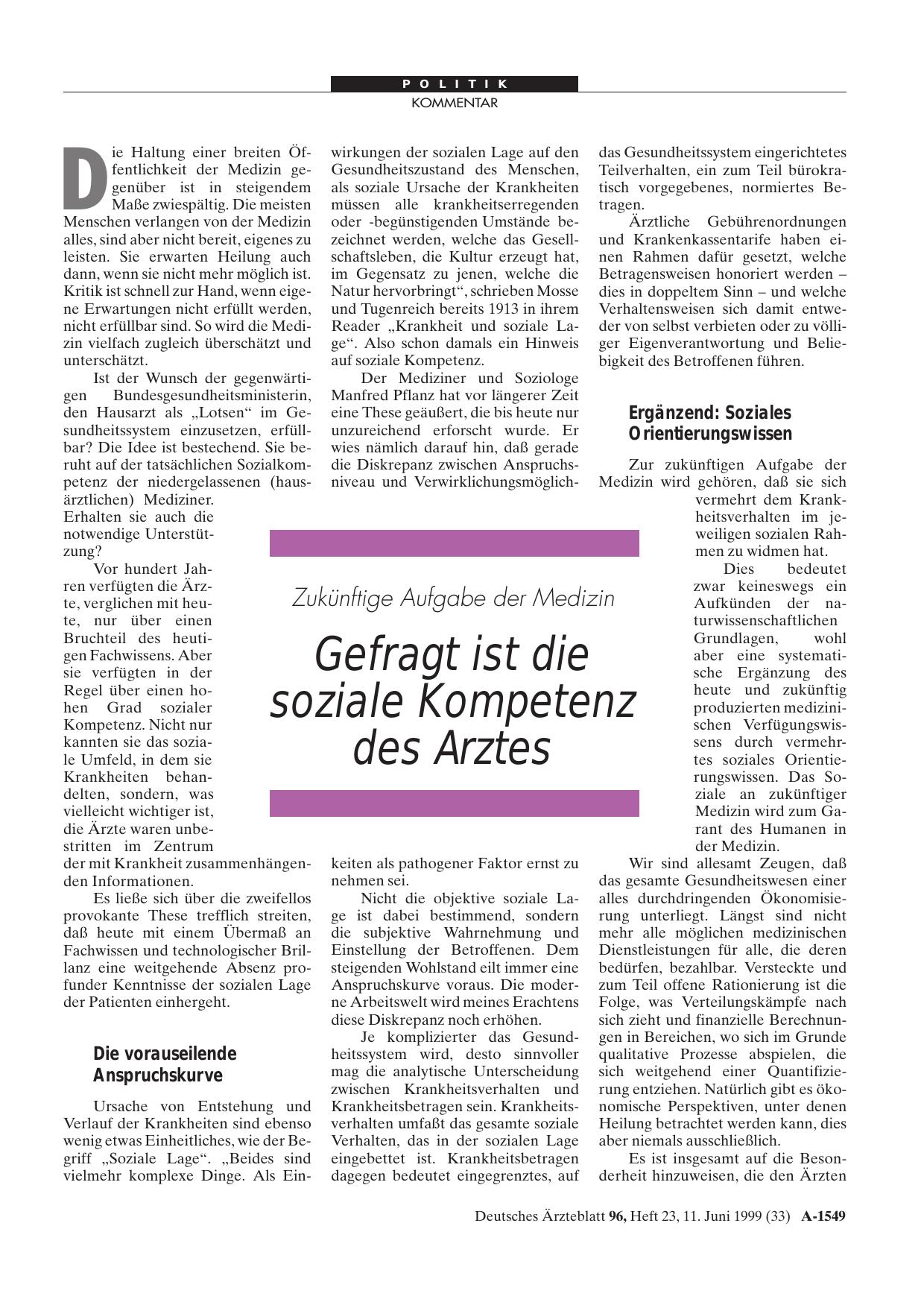 Vorschauseite 1: Zukünftige Aufgabe der Medizin: Gefragt ist die soziale Kompetenz des Arztes